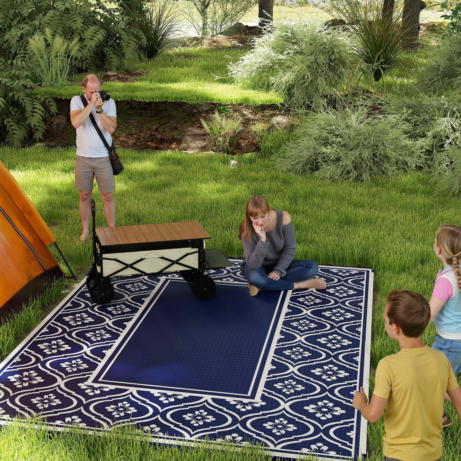 Reversible Outdoor RV Rug with Carry Bag, 9' x 12' Patio Floor Mat, Plastic Straw Rug for Backyard, Deck, Picnic, Beach, Camping, Gourd Border, Blue and White