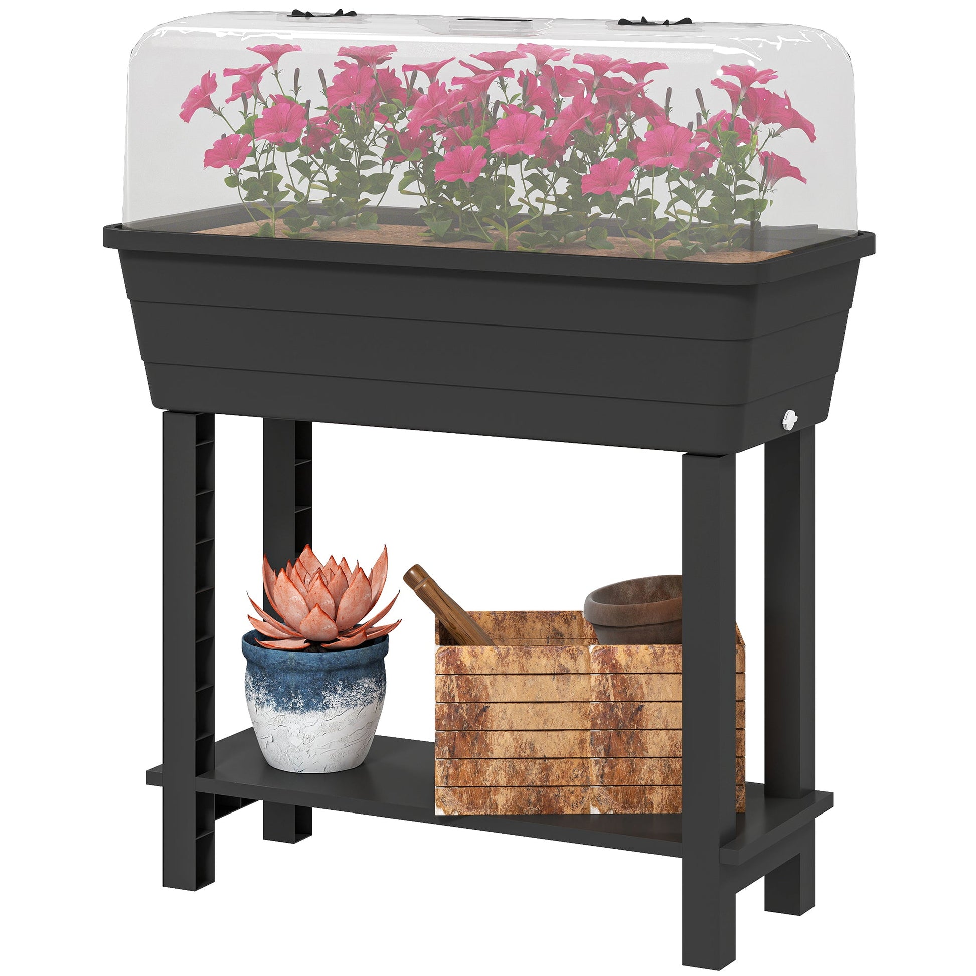 41L Self Watering Raised Garden Bed with Ventilation Transparent Lid Greenhouse, Storage Shelf, Planter Box with Water Level Indicator, 29.5" x 14.2" x 36.2", Black