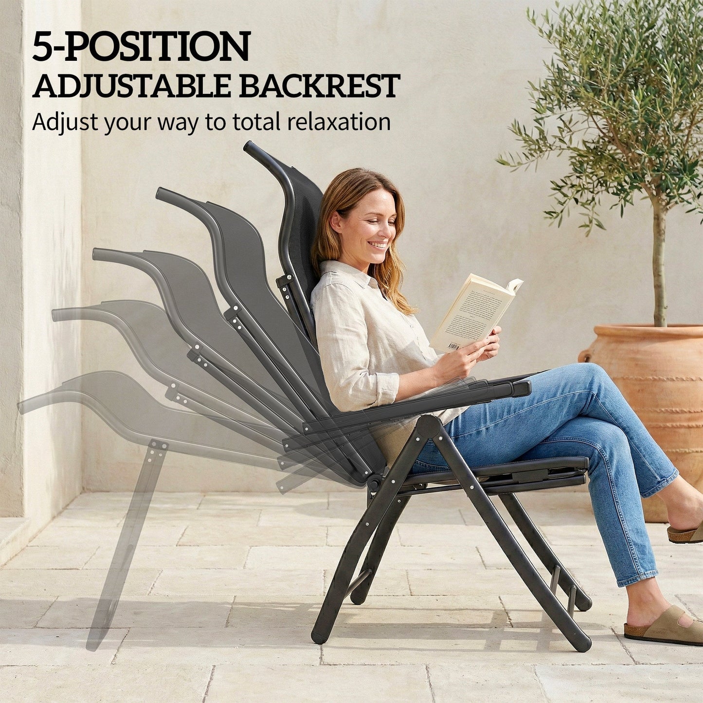Folding Patio Chairs Set of 2, Reclining Outdoor Chair with 33.5" High Back, Retractable Footrest, 5-Position Outdoor Recliner Lounge Chairs for Lawn Yard Beach, Black
