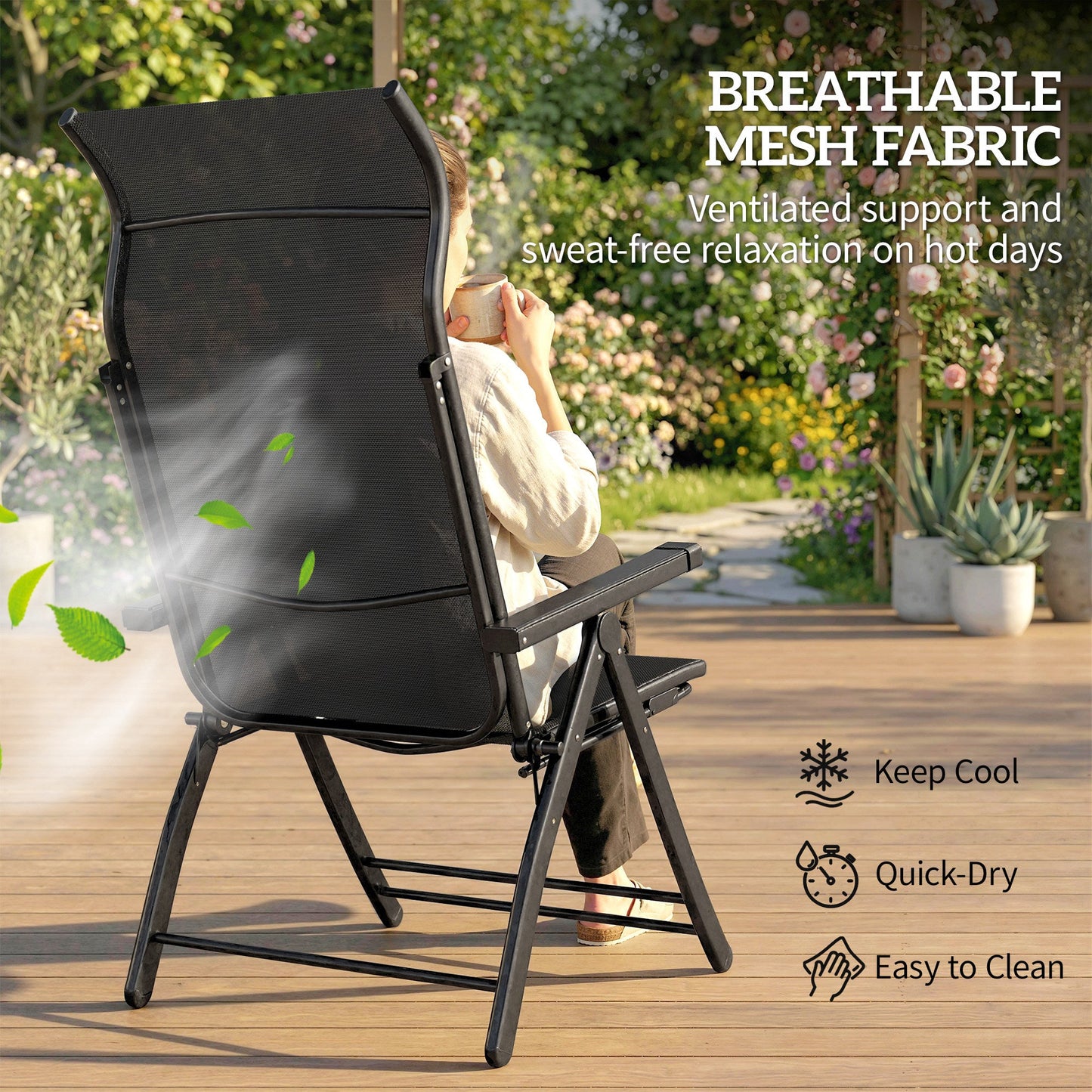 Folding Patio Chairs Set of 2, Reclining Outdoor Chair with 33.5" High Back, Retractable Footrest, 5-Position Outdoor Recliner Lounge Chairs for Lawn Yard Beach, Black