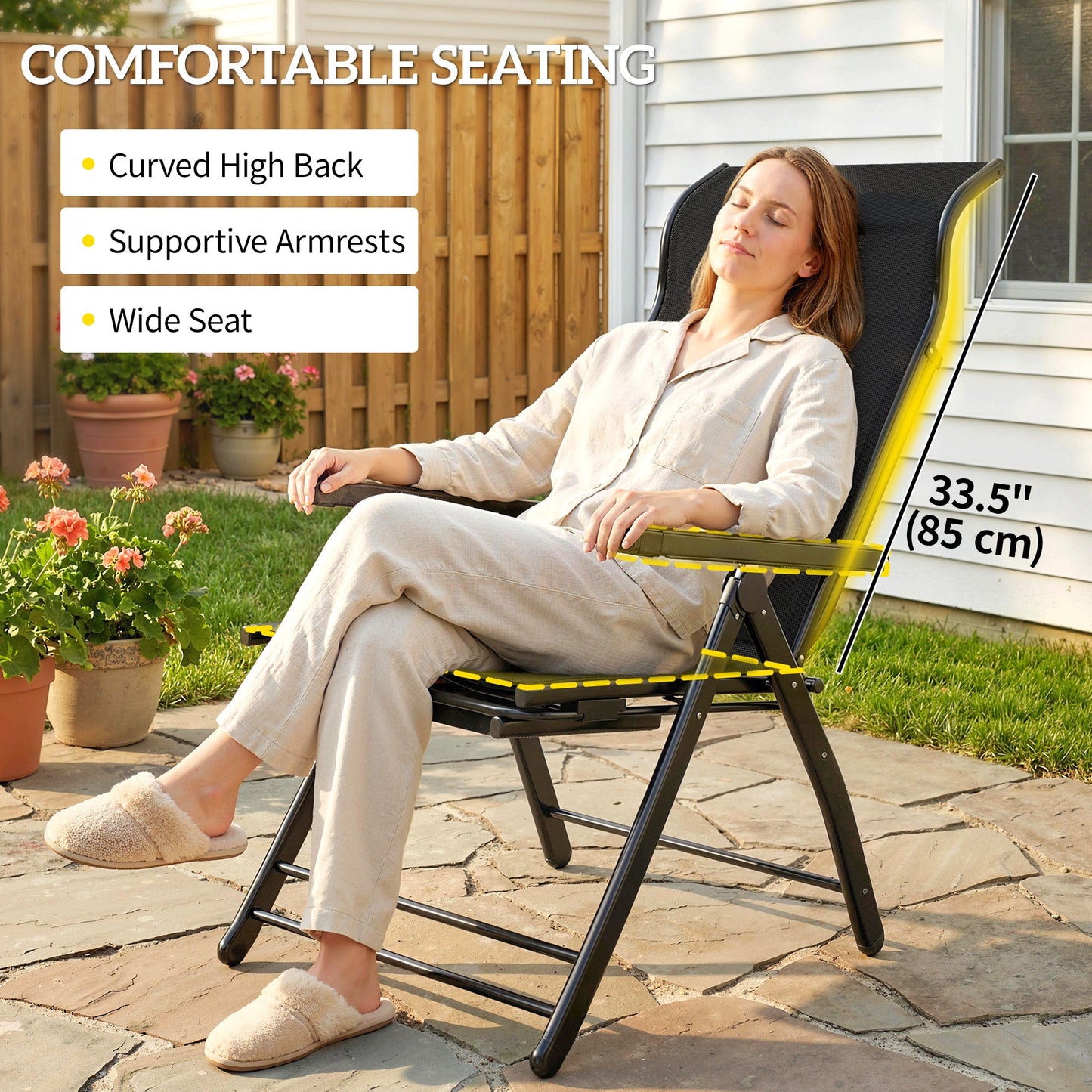 Folding Patio Chairs Set of 2, Reclining Outdoor Chair with 33.5" High Back, Retractable Footrest, 5-Position Outdoor Recliner Lounge Chairs for Lawn Yard Beach, Black