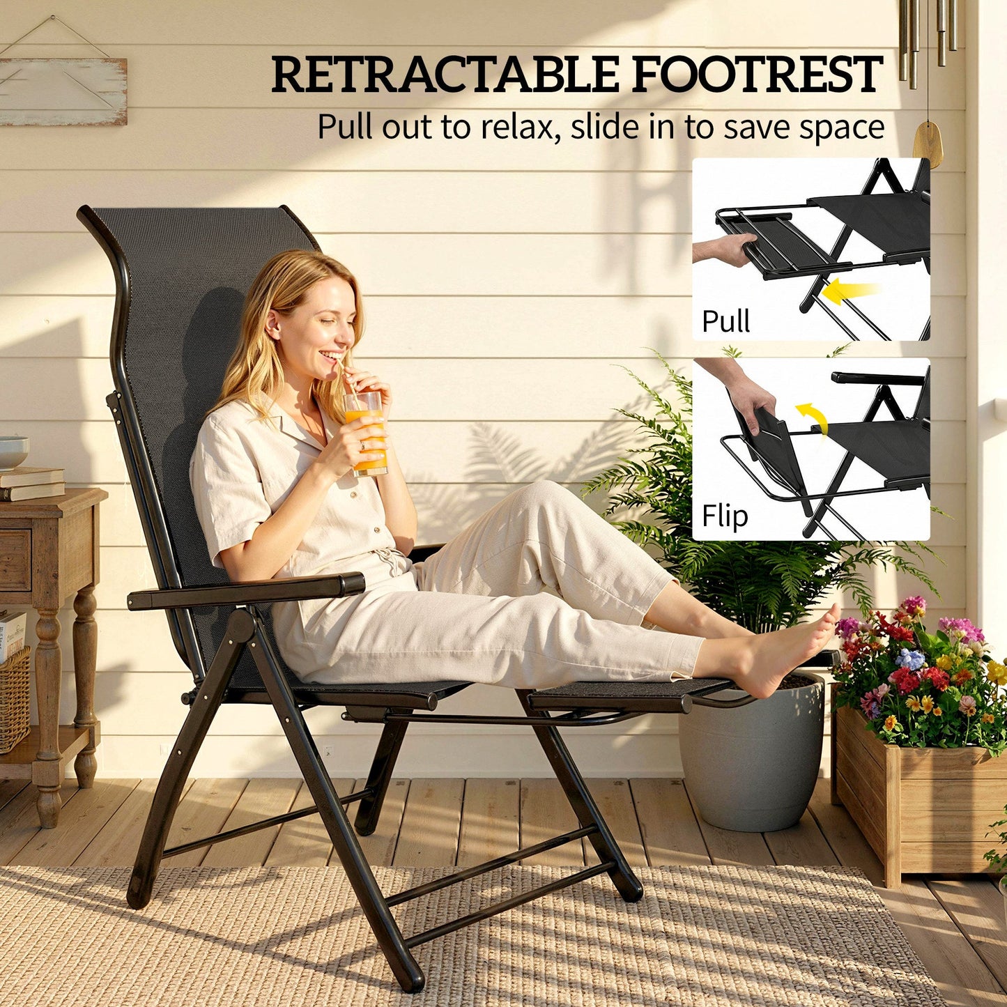 Folding Patio Chairs Set of 2, Reclining Outdoor Chair with 33.5" High Back, Retractable Footrest, 5-Position Outdoor Recliner Lounge Chairs for Lawn Yard Beach, Black