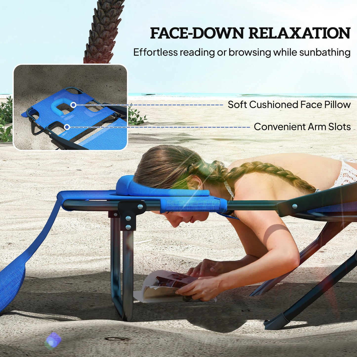 Folding Lounge Chair with 4-level Reclining Back, Outdoor Tanning Chair with Reading Hole, Outdoor Chaise Lounge Chair with Headrest, for Beach, Yard, Patio, Dark Blue