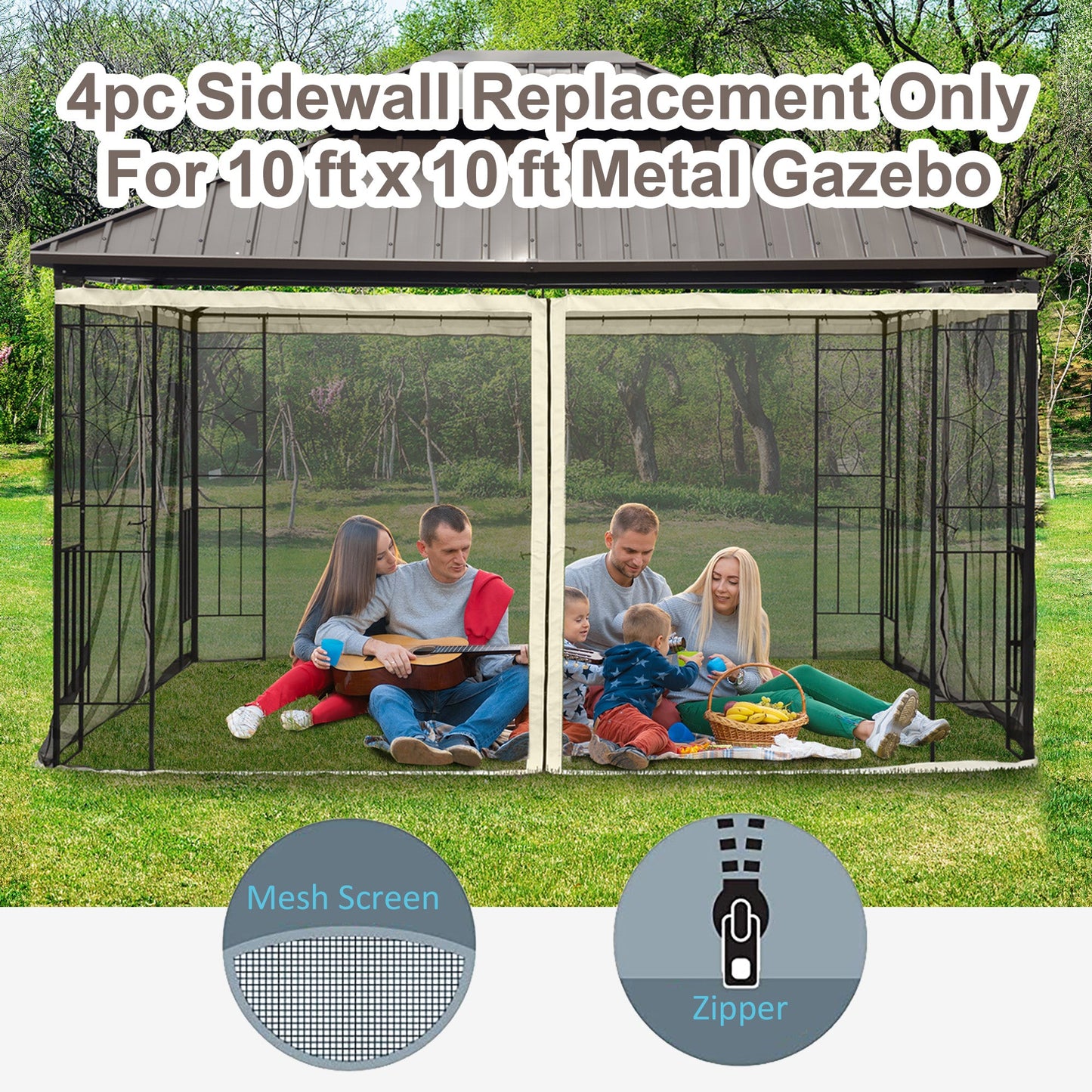 Replacement Mosquito Netting for Gazebo 10' x 12' Black Screen Walls for Canopy with Zippers for Parties and Outdoor Activities, Cream White