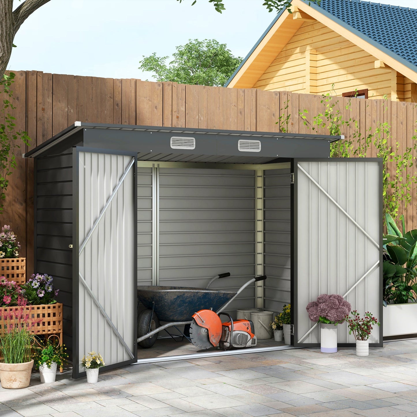 8 x 4FT Outdoor Storage Shed, Easy to Assemble Galvanized Metal Garden Shed, Waterproof Tool Shed with Lockable Door and 2 Vents for Backyard, Lawn, Patio, Grey