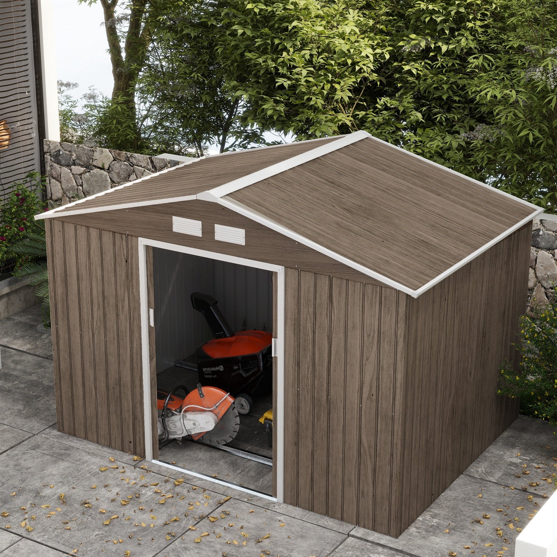 9' x 6' Garden Storage Shed with Foundation Kit, Metal Tool Storage House with Double Doors for Outdoor Patio Yard, Distressed Light Brown