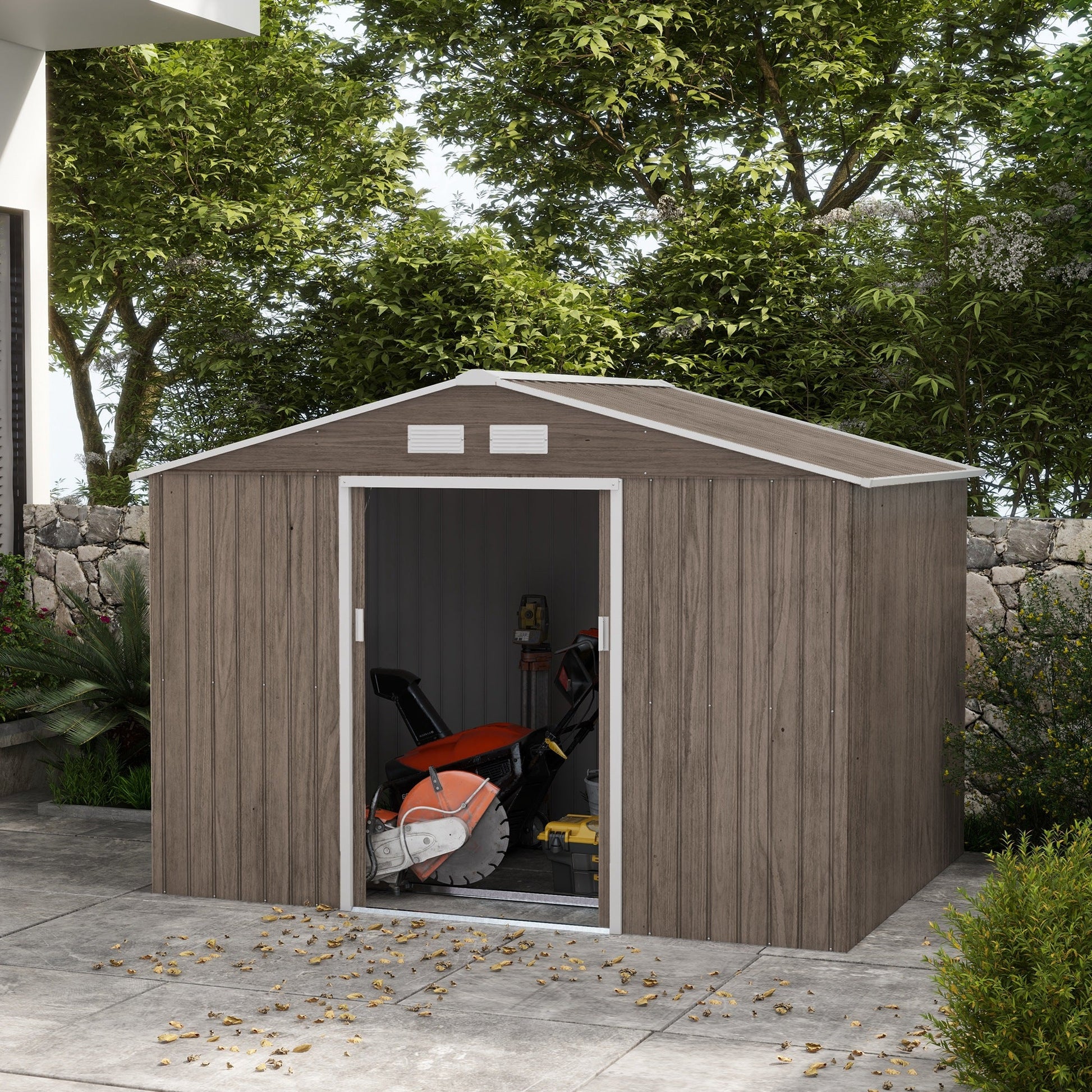 9' x 6' Garden Storage Shed with Foundation Kit, Metal Tool Storage House with Double Doors for Outdoor Patio Yard, Distressed Light Brown