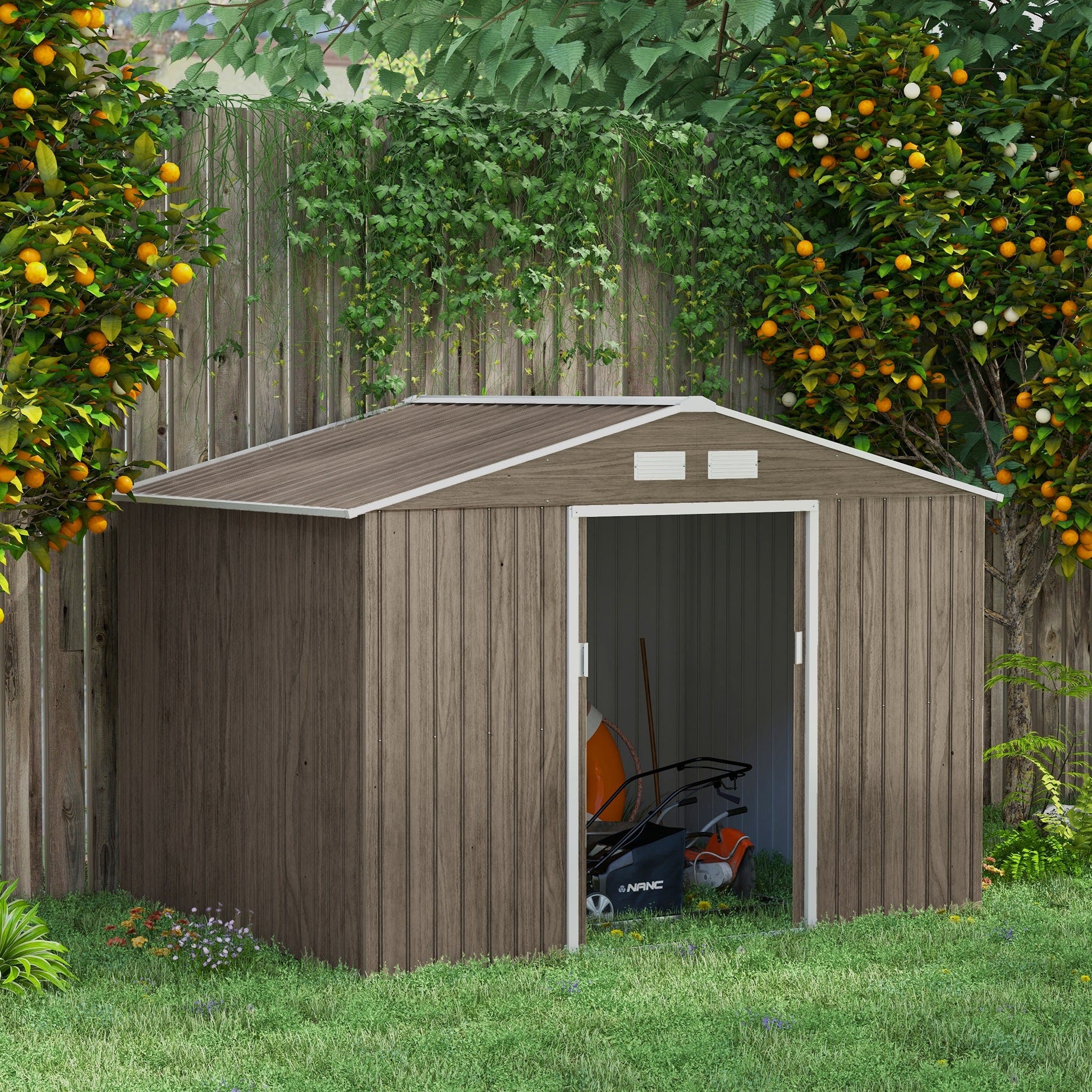 9' x 6' Garden Storage Shed with Foundation Kit, Metal Tool Storage House with Double Doors for Outdoor Patio Yard, Distressed Light Brown