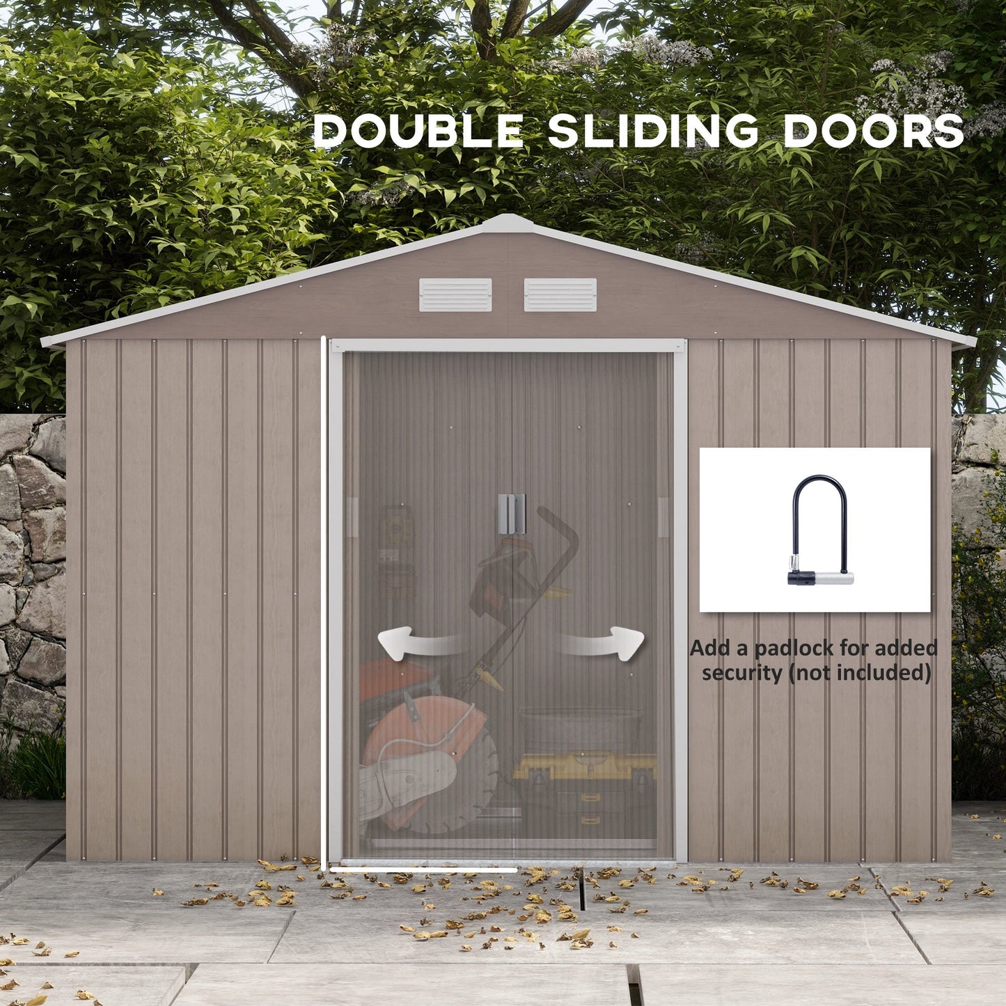 9' x 6' Garden Storage Shed with Foundation Kit, Metal Tool Storage House with Double Doors for Outdoor Patio Yard, Distressed Light Brown