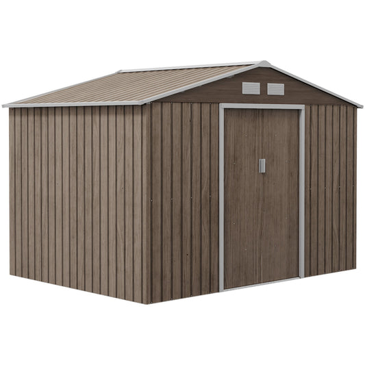 9' x 6' Garden Storage Shed with Foundation Kit, Metal Tool Storage House with Double Doors for Outdoor Patio Yard, Distressed Light Brown