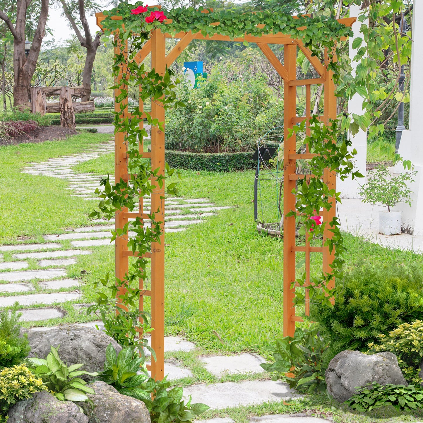 85" Wooden Garden Arbour for Wedding and Ceremony, Outdoor Garden Arch Trellis for Climbing Vines, Orange