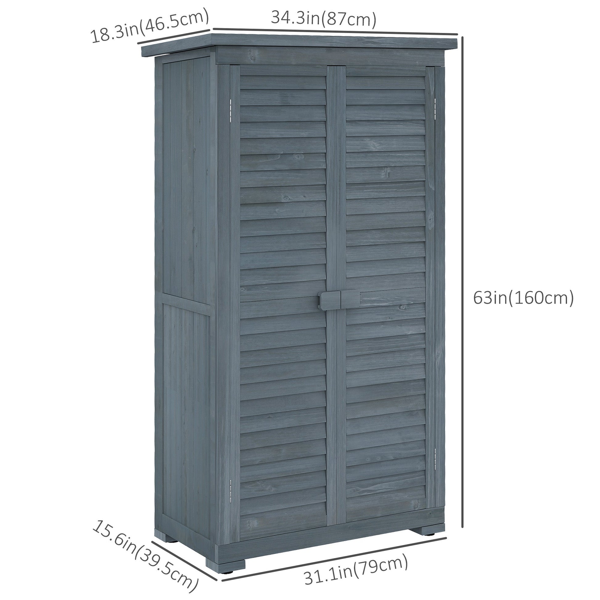 Wooden Garden Shed, Compact Outdoor Storage Shed, 3-Tier Shelves Tool Organizer with Asphalt Roof and Shutter Doors, 34.3" x 18.3" x 63", Grey