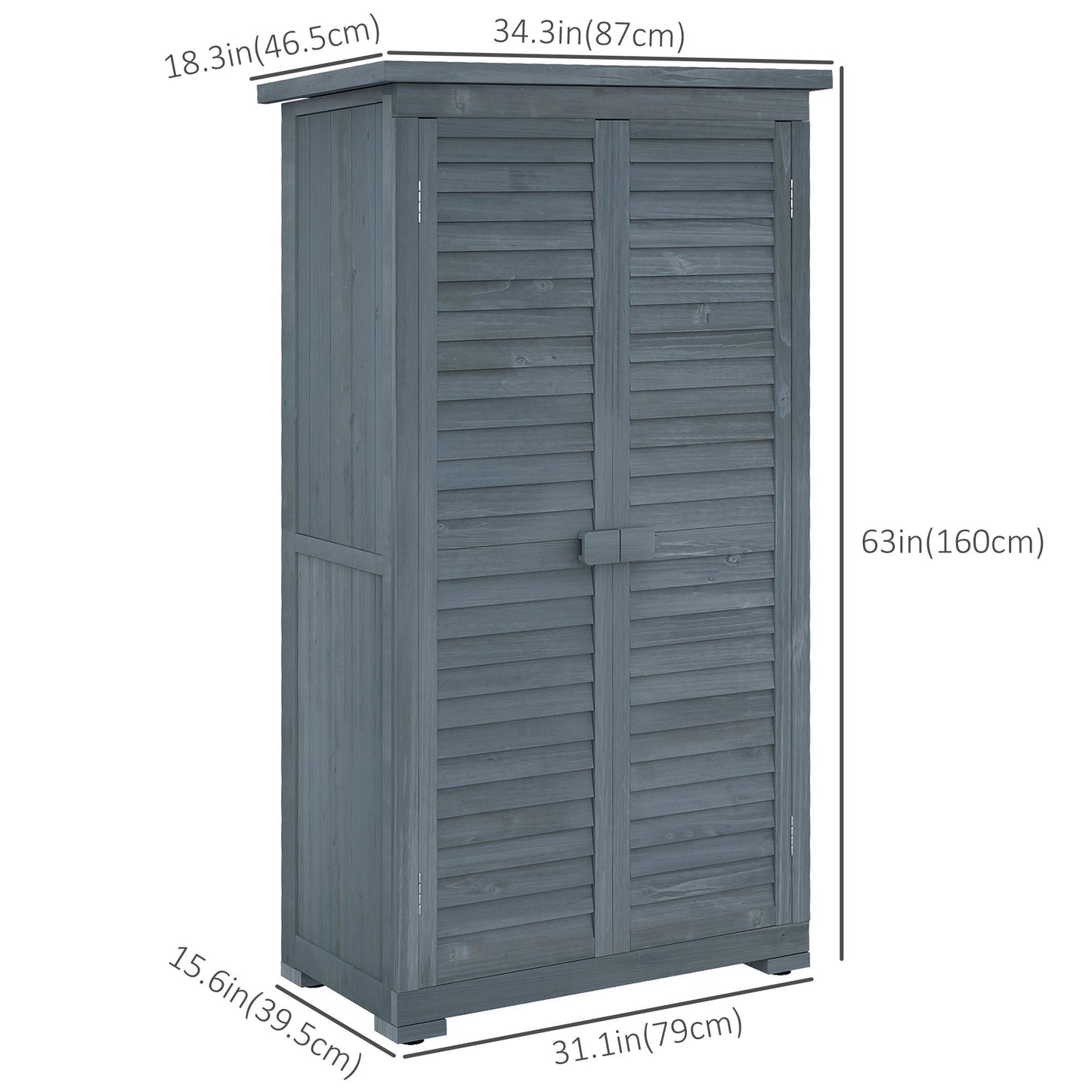 Wooden Garden Shed, Compact Outdoor Storage Shed, 3-Tier Shelves Tool Organizer with Asphalt Roof and Shutter Doors, 34.3" x 18.3" x 63", Grey