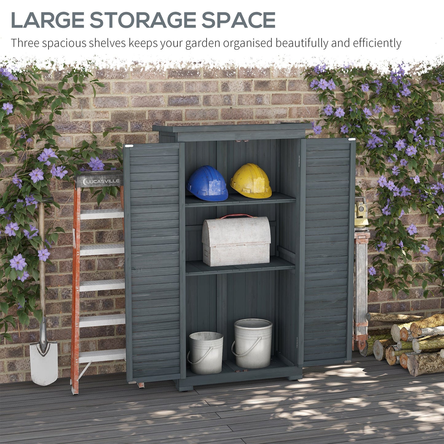Wooden Garden Shed, Compact Outdoor Storage Shed, 3-Tier Shelves Tool Organizer with Asphalt Roof and Shutter Doors, 34.3" x 18.3" x 63", Grey