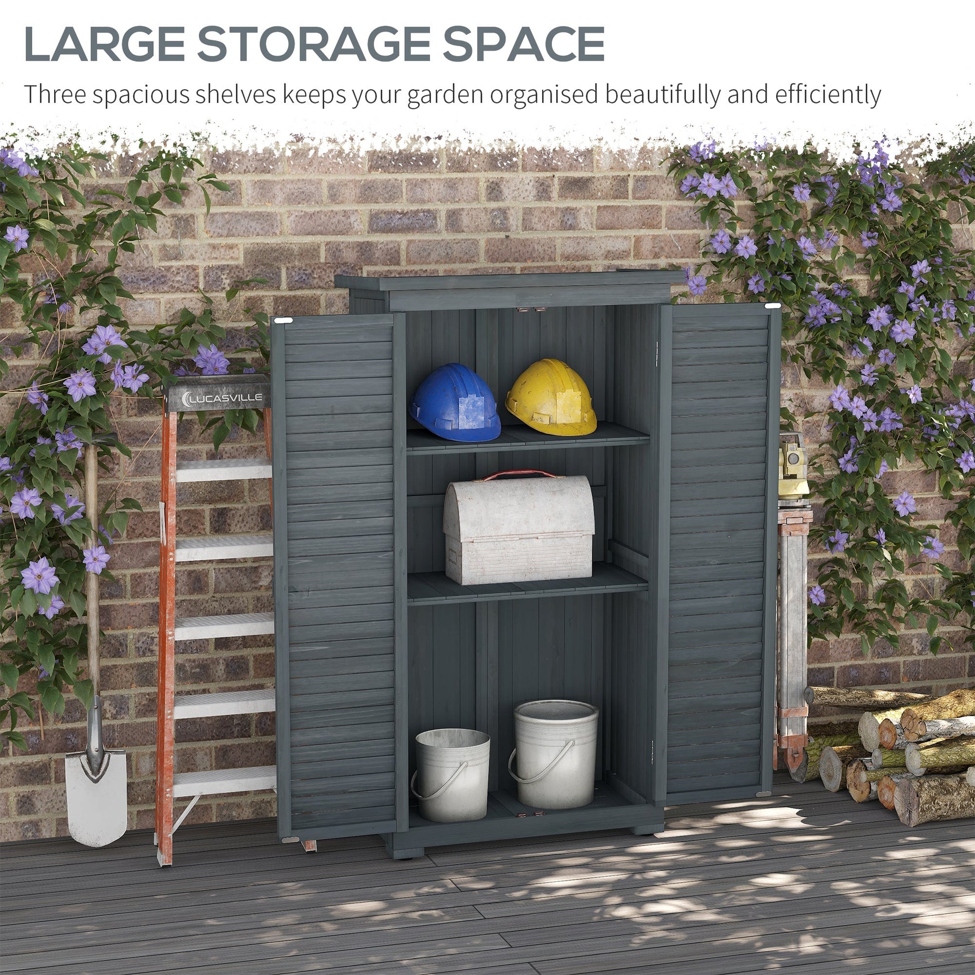 Wooden Garden Shed, Compact Outdoor Storage Shed, 3-Tier Shelves Tool Organizer with Asphalt Roof and Shutter Doors, 34.3" x 18.3" x 63", Grey