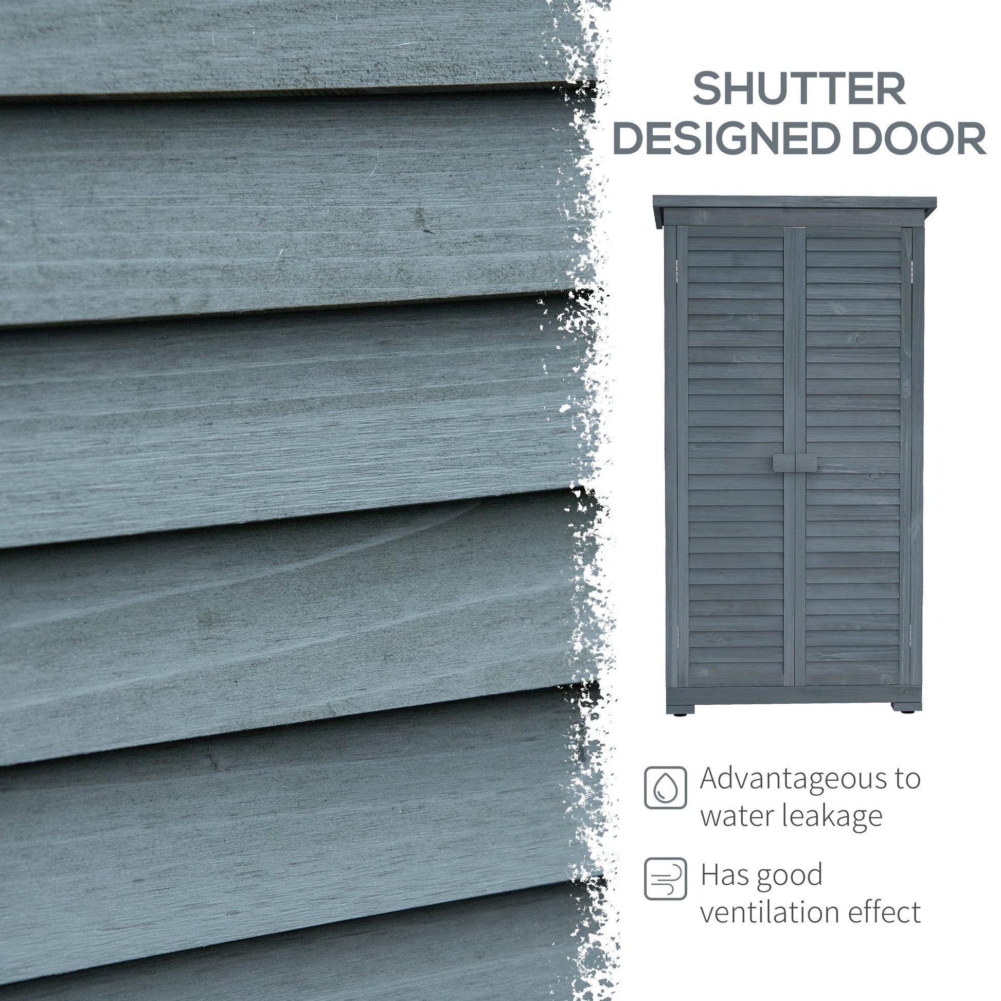 Wooden Garden Shed, Compact Outdoor Storage Shed, 3-Tier Shelves Tool Organizer with Asphalt Roof and Shutter Doors, 34.3" x 18.3" x 63", Grey