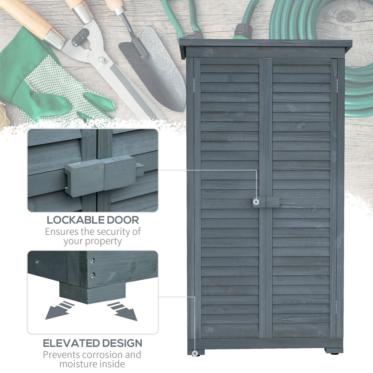 Wooden Garden Shed, Compact Outdoor Storage Shed, 3-Tier Shelves Tool Organizer with Asphalt Roof and Shutter Doors, 34.3" x 18.3" x 63", Grey