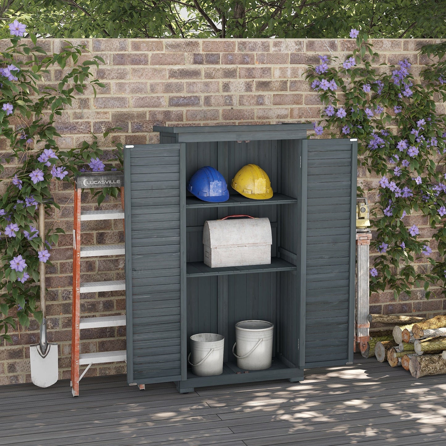 Wooden Garden Shed, Compact Outdoor Storage Shed, 3-Tier Shelves Tool Organizer with Asphalt Roof and Shutter Doors, 34.3" x 18.3" x 63", Grey