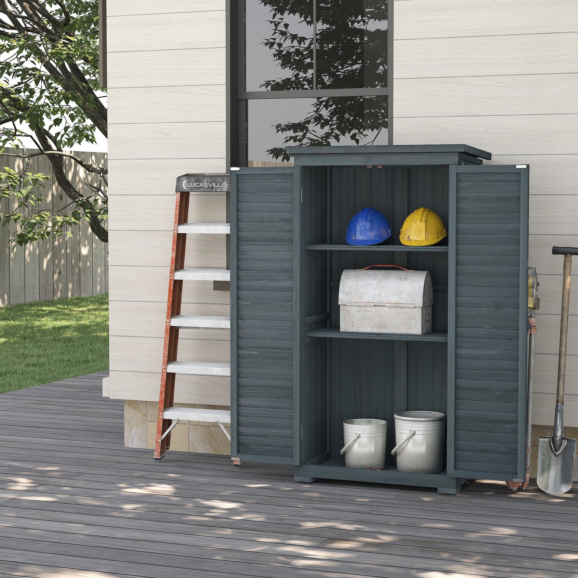 Wooden Garden Shed, Compact Outdoor Storage Shed, 3-Tier Shelves Tool Organizer with Asphalt Roof and Shutter Doors, 34.3" x 18.3" x 63", Grey
