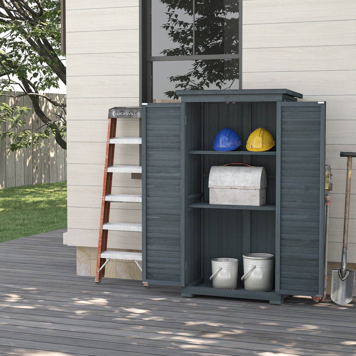 Wooden Garden Shed, Compact Outdoor Storage Shed, 3-Tier Shelves Tool Organizer with Asphalt Roof and Shutter Doors, 34.3" x 18.3" x 63", Grey