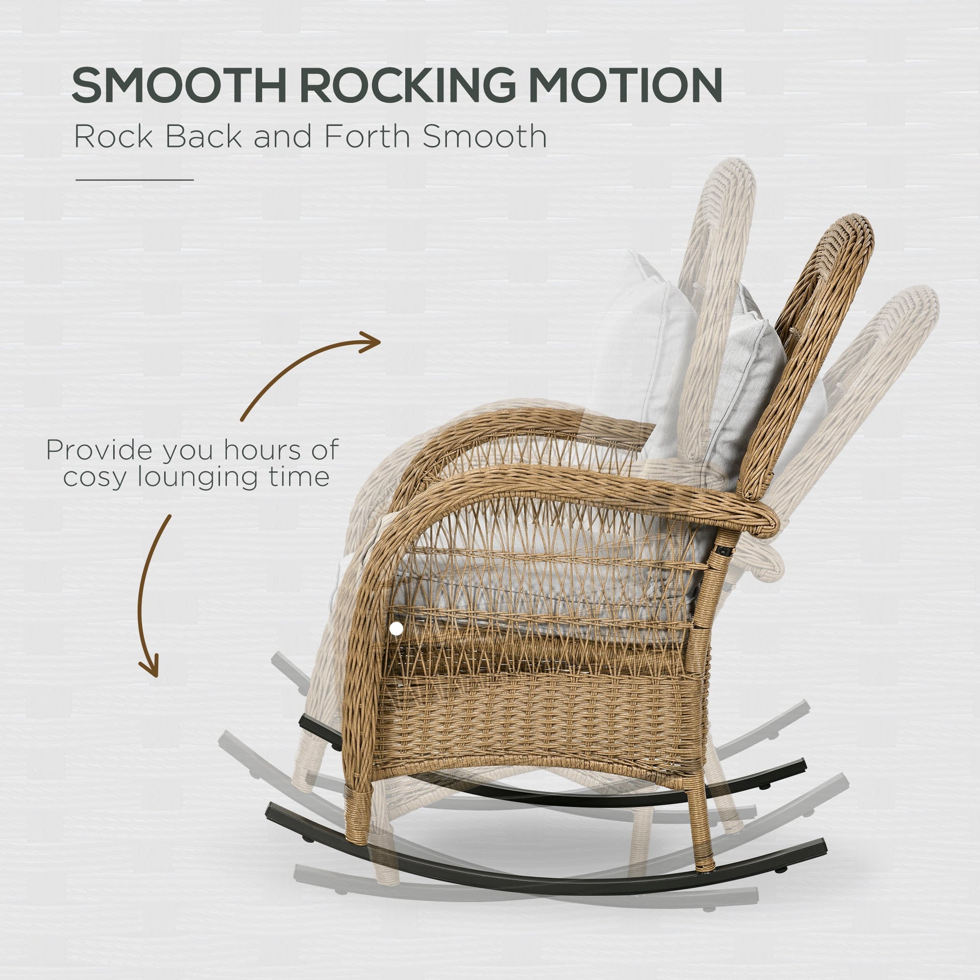 Outdoor PE Rattan Rocking Chair with Cushions, Patio Luxury Round Wicker Garden Porch Furniture w/ Armrest and High Backrest for Backyard, Garden, Light Grey