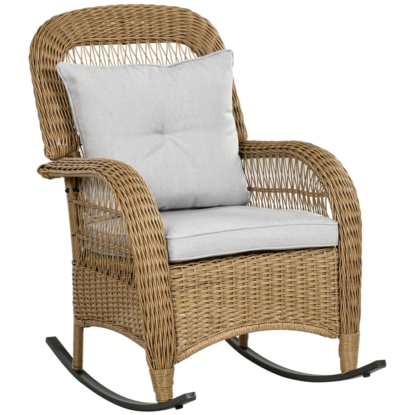 Outdoor PE Rattan Rocking Chair with Cushions, Patio Luxury Round Wicker Garden Porch Furniture w/ Armrest and High Backrest for Backyard, Garden, Light Grey