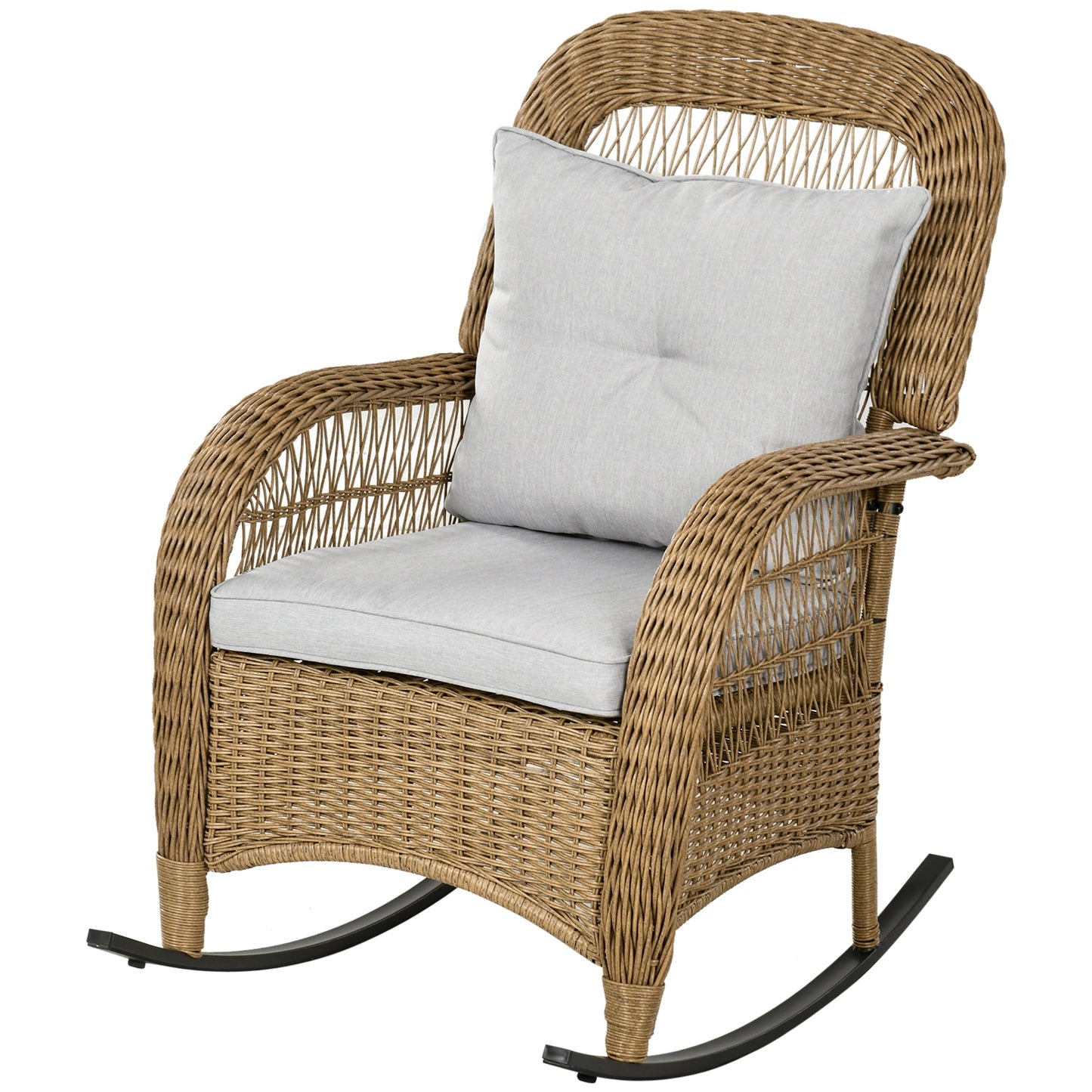 Outdoor PE Rattan Rocking Chair with Cushions, Patio Luxury Round Wicker Garden Porch Furniture w/ Armrest and High Backrest for Backyard, Garden, Light Grey