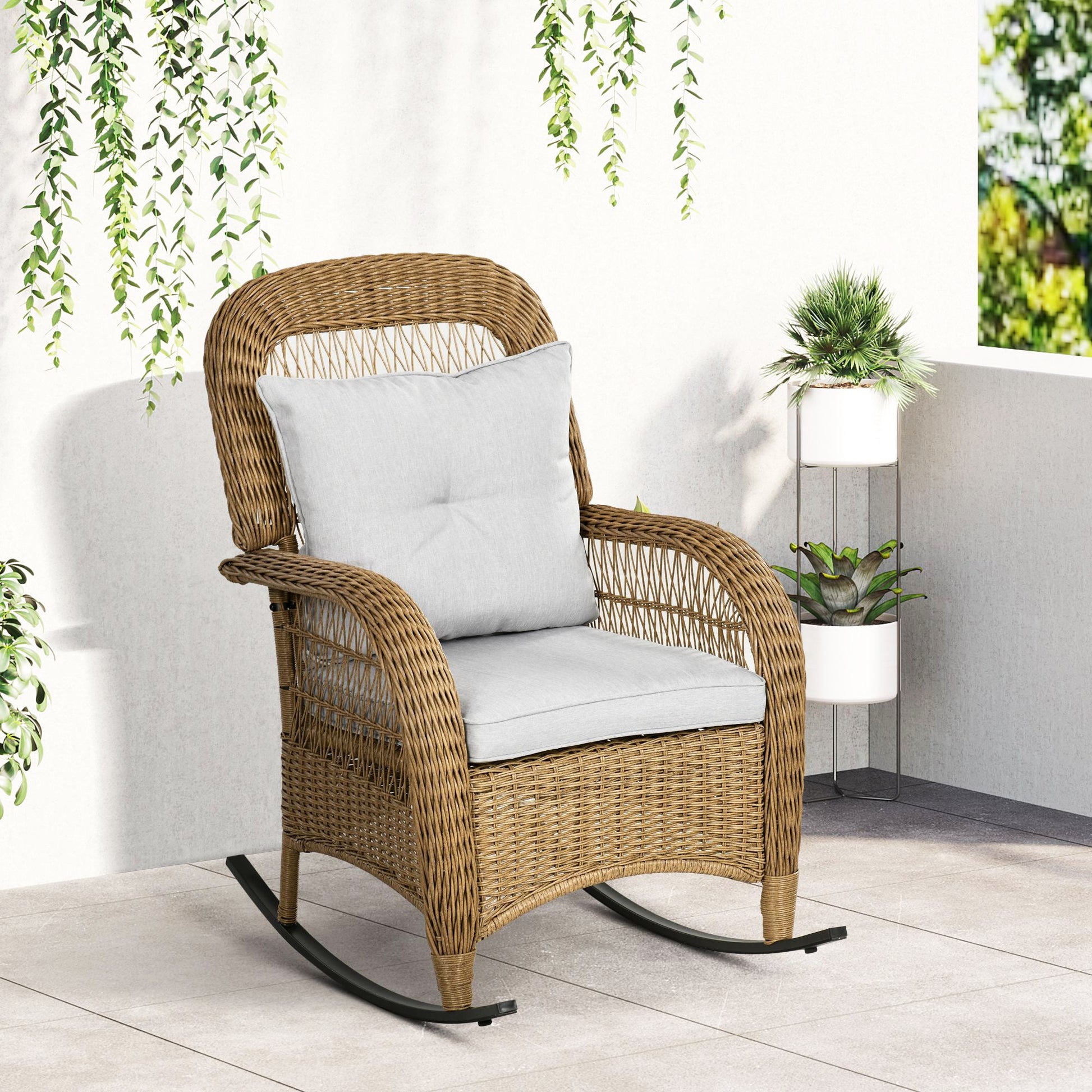 Outdoor PE Rattan Rocking Chair with Cushions, Patio Luxury Round Wicker Garden Porch Furniture w/ Armrest and High Backrest for Backyard, Garden, Light Grey