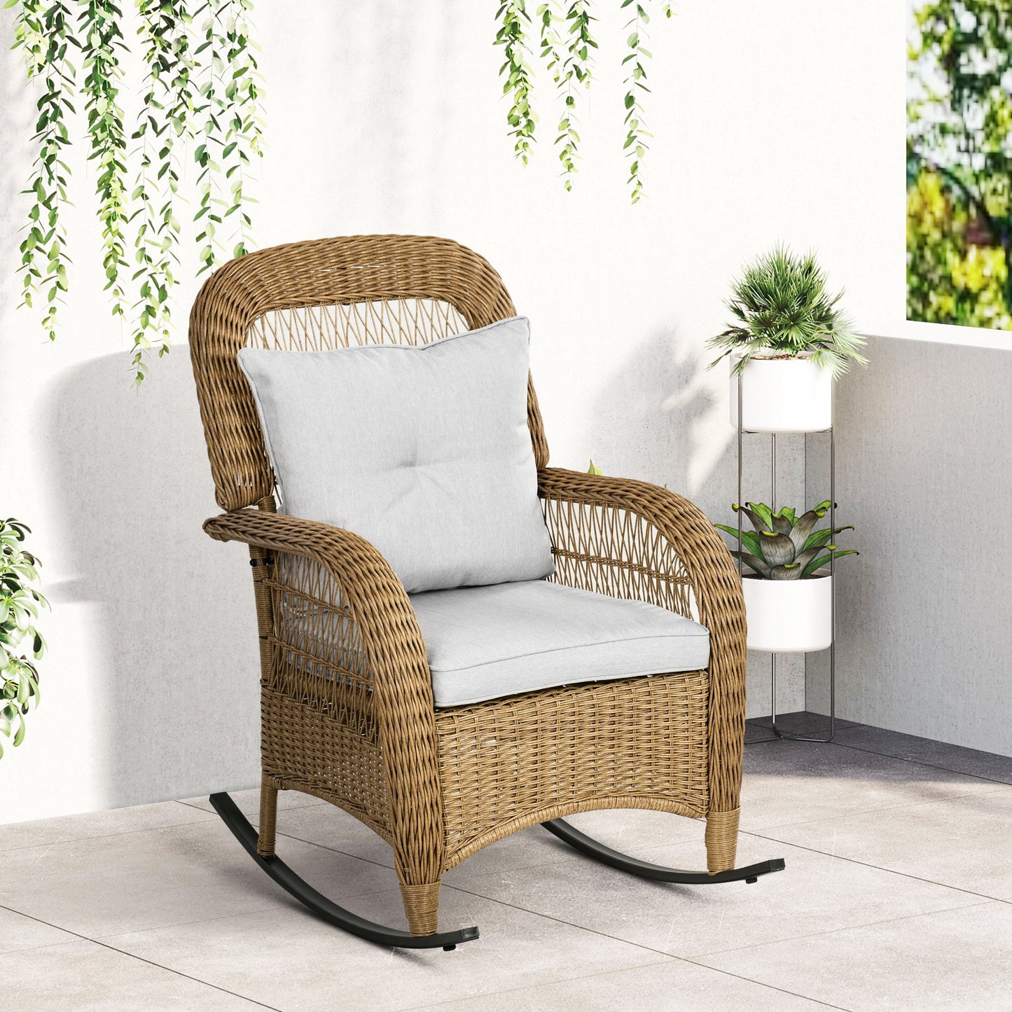 Outdoor PE Rattan Rocking Chair with Cushions, Patio Luxury Round Wicker Garden Porch Furniture w/ Armrest and High Backrest for Backyard, Garden, Light Grey