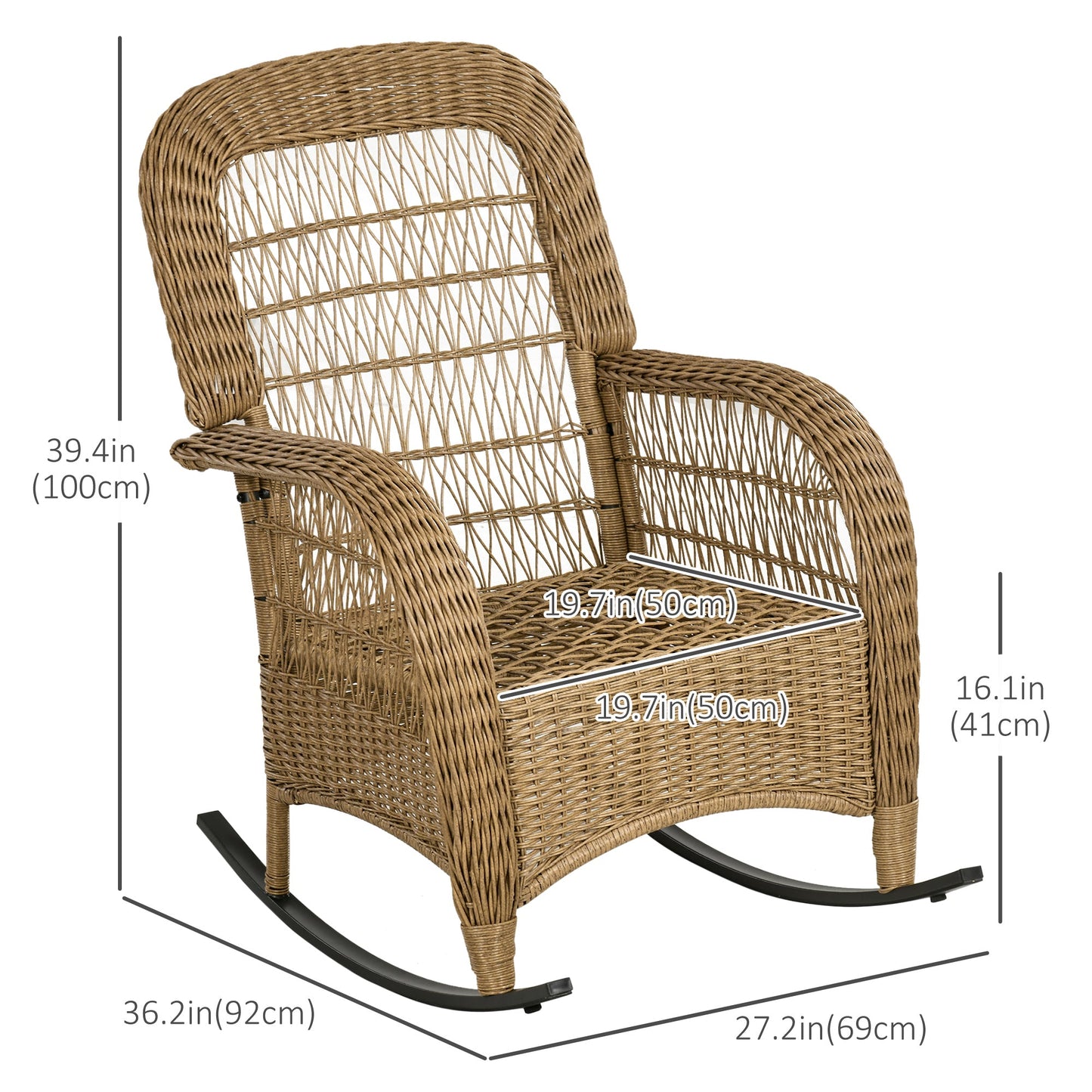 Outdoor PE Rattan Rocking Chair with Cushions, Patio Luxury Round Wicker Garden Porch Furniture w/ Armrest and High Backrest for Backyard, Garden, Light Grey