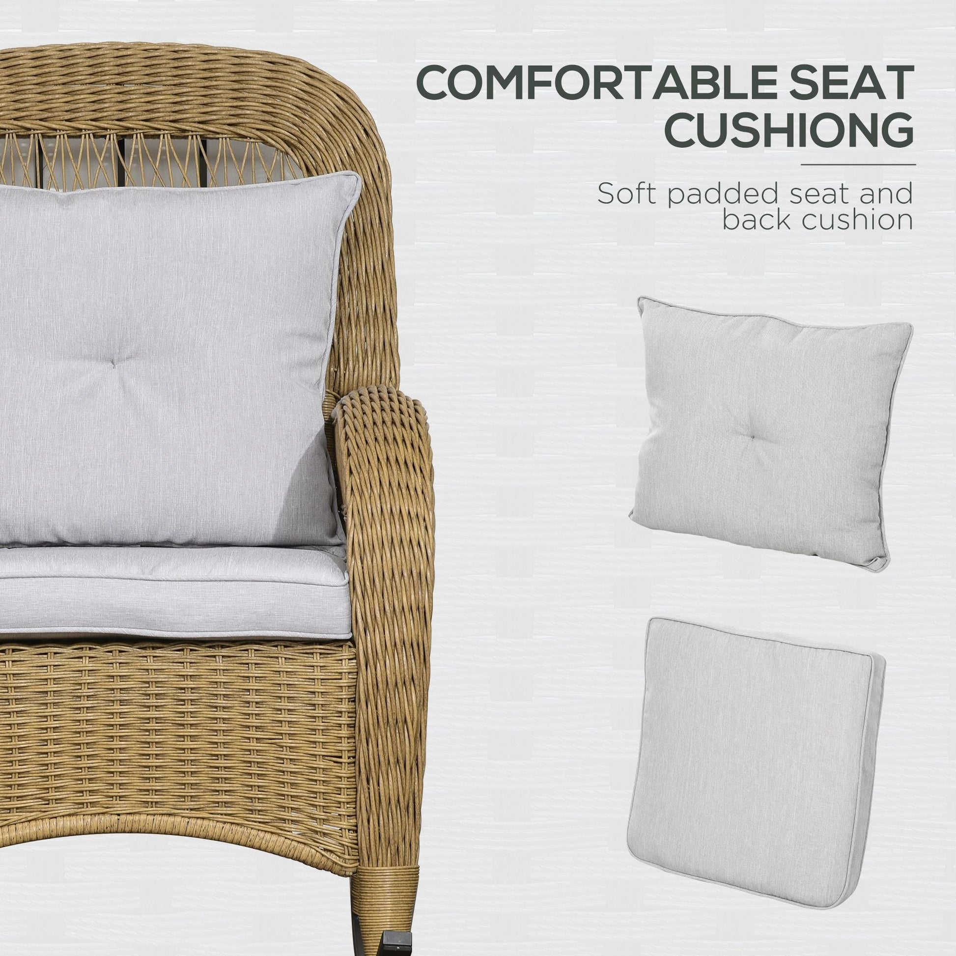 Outdoor PE Rattan Rocking Chair with Cushions, Patio Luxury Round Wicker Garden Porch Furniture w/ Armrest and High Backrest for Backyard, Garden, Light Grey