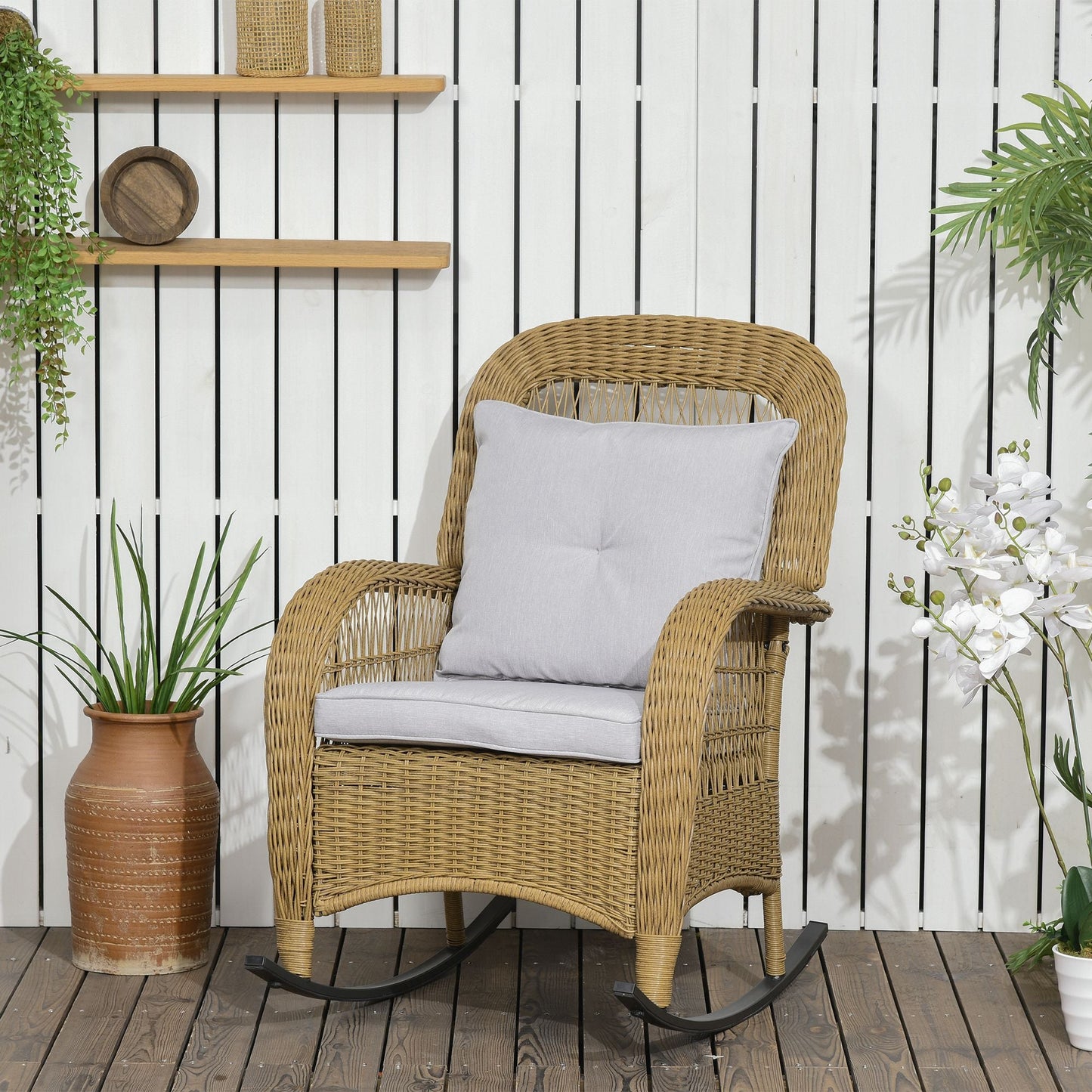 Outdoor PE Rattan Rocking Chair with Cushions, Patio Luxury Round Wicker Garden Porch Furniture w/ Armrest and High Backrest for Backyard, Garden, Light Grey