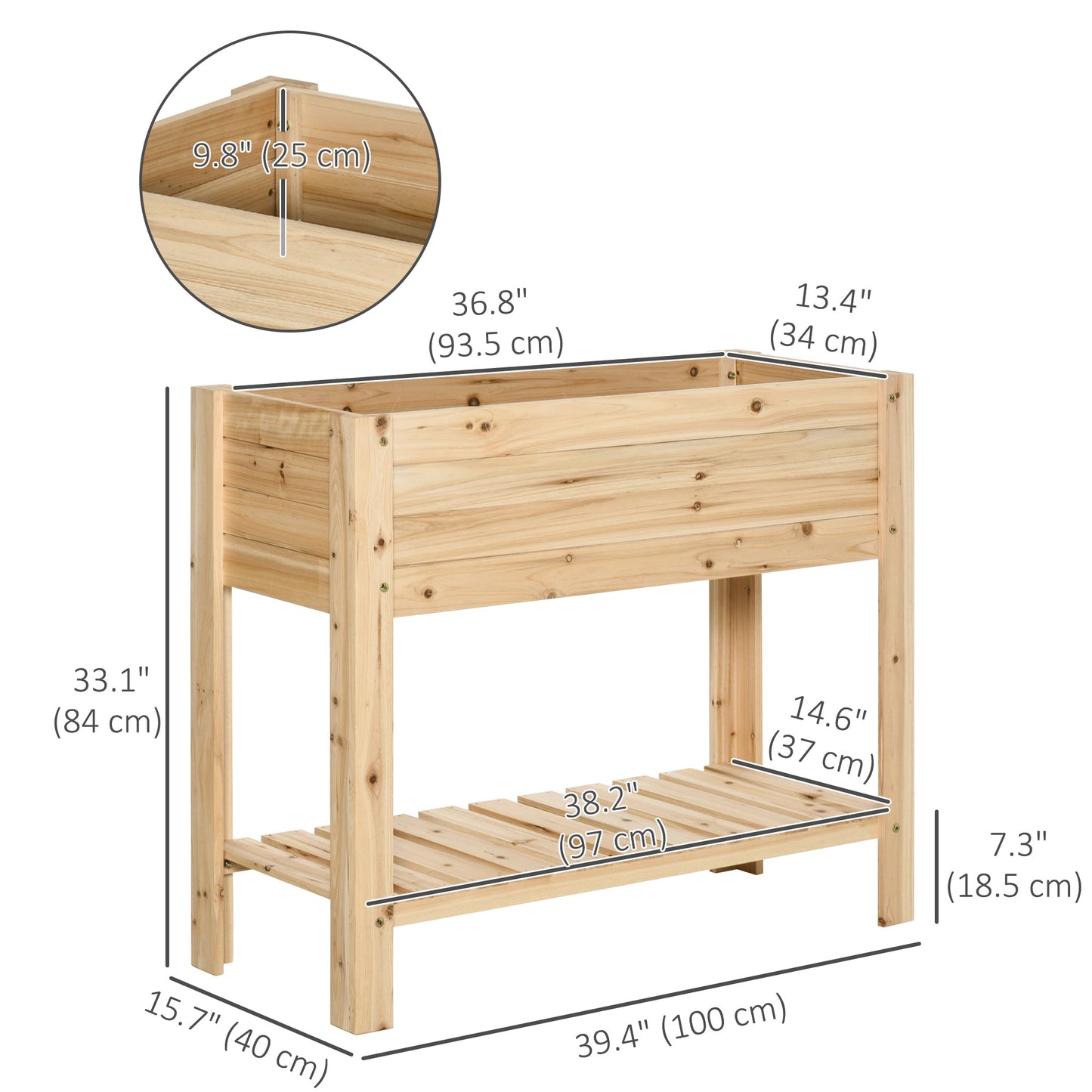 Wooden Raised Garden Bed Planter, Elevated Planter Box with Storage Shelf and Bed Liner for Backyard, Patio, Balcony, 40" x 16" x 33", Natural Wood
