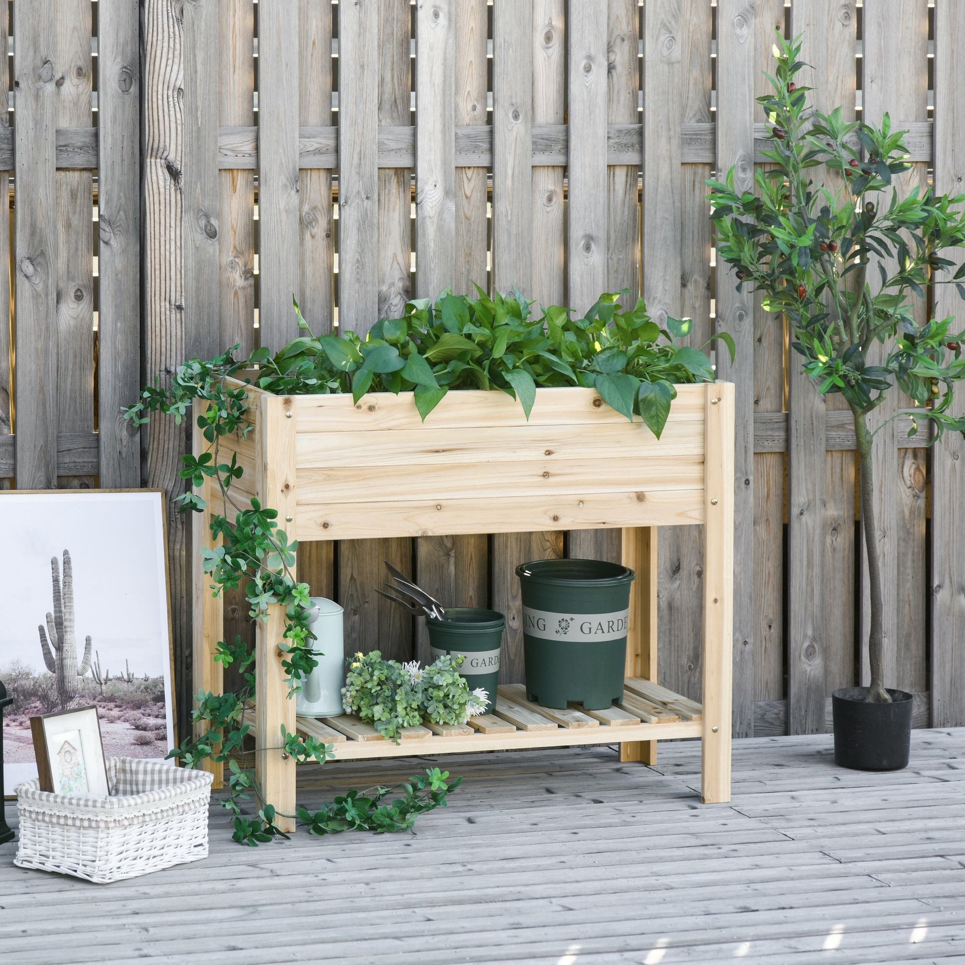 Wooden Raised Garden Bed Planter, Elevated Planter Box with Storage Shelf and Bed Liner for Backyard, Patio, Balcony, 40" x 16" x 33", Natural Wood