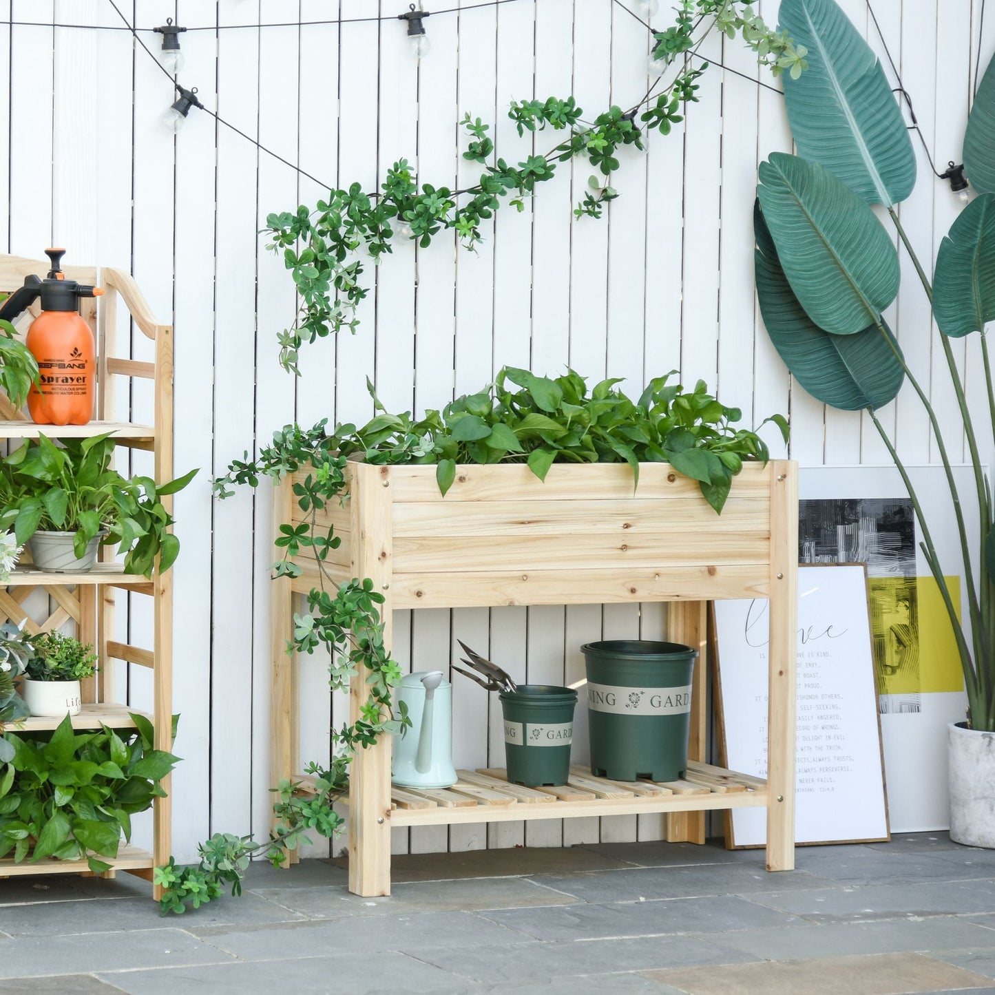 Wooden Raised Garden Bed Planter, Elevated Planter Box with Storage Shelf and Bed Liner for Backyard, Patio, Balcony, 40" x 16" x 33", Natural Wood