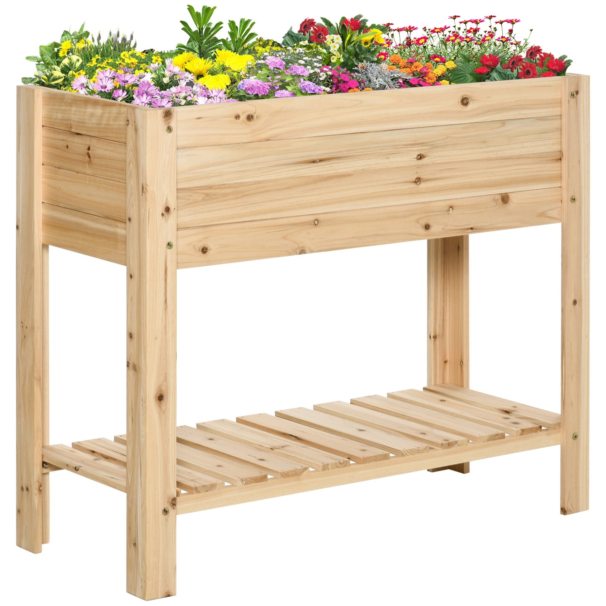Wooden Raised Garden Bed Planter, Elevated Planter Box with Storage Shelf and Bed Liner for Backyard, Patio, Balcony, 40" x 16" x 33", Natural Wood