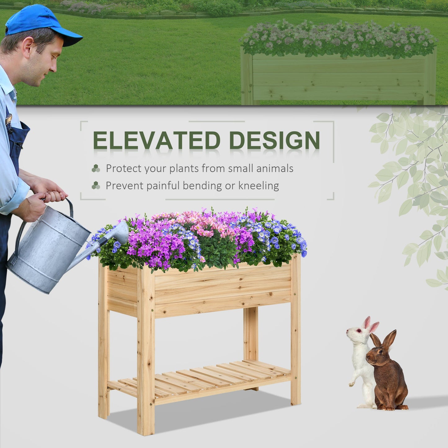 Wooden Raised Garden Bed Planter, Elevated Planter Box with Storage Shelf and Bed Liner for Backyard, Patio, Balcony, 40" x 16" x 33", Natural Wood