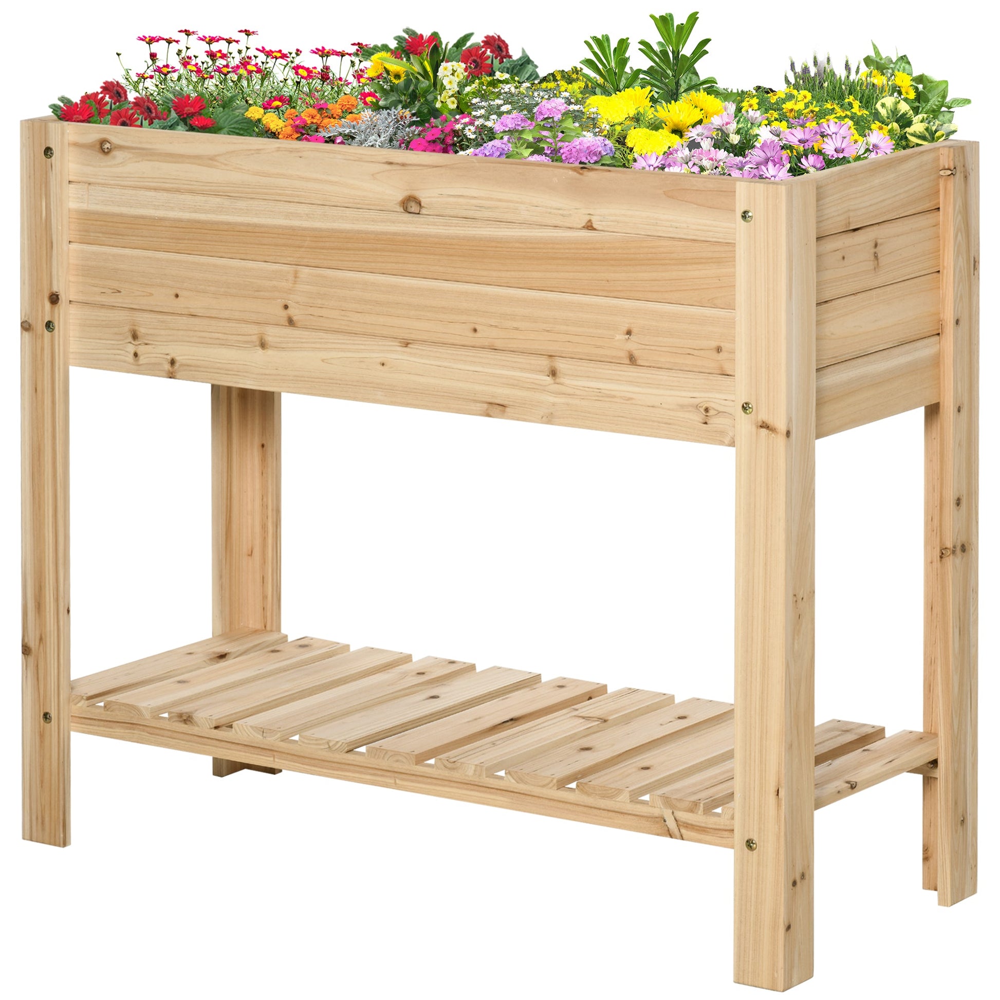 Wooden Raised Garden Bed Planter, Elevated Planter Box with Storage Shelf and Bed Liner for Backyard, Patio, Balcony, 40" x 16" x 33", Natural Wood