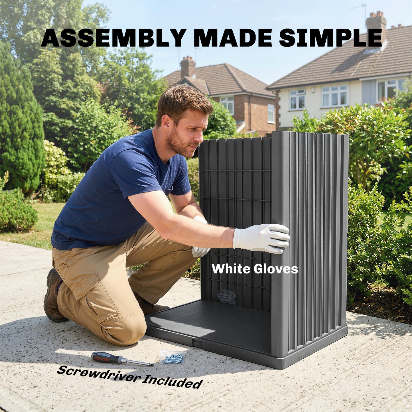 82 Gallon Outdoor Storage Box, Plastic Deck Box with Roll up Door and Removable Shelf, Splash-Resistant & UV Resistant Garden Storage Container for Patio, Porch, Grey