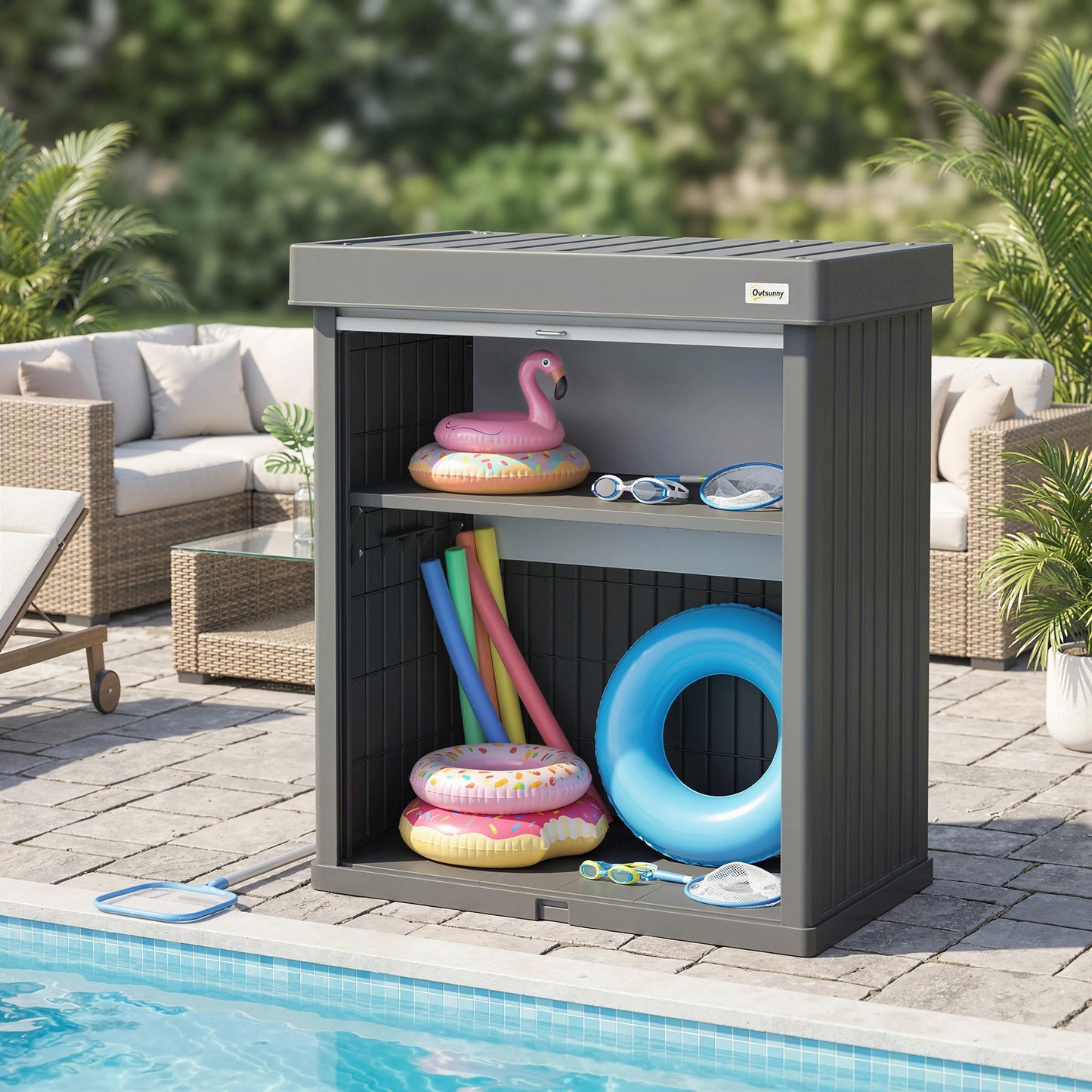 82 Gallon Outdoor Storage Box, Plastic Deck Box with Roll up Door and Removable Shelf, Splash-Resistant & UV Resistant Garden Storage Container for Patio, Porch, Grey