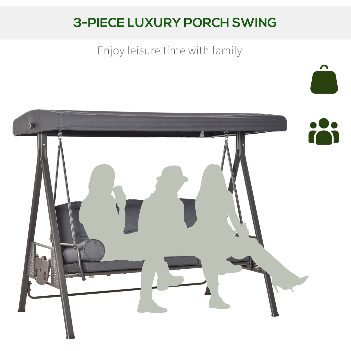 3 Seater Porch Swing Heavy Duty Outdoor Swing Chair Outdoor Lounge Hammock Cushioned Seat w/ Tilt Canopy, Dark Grey