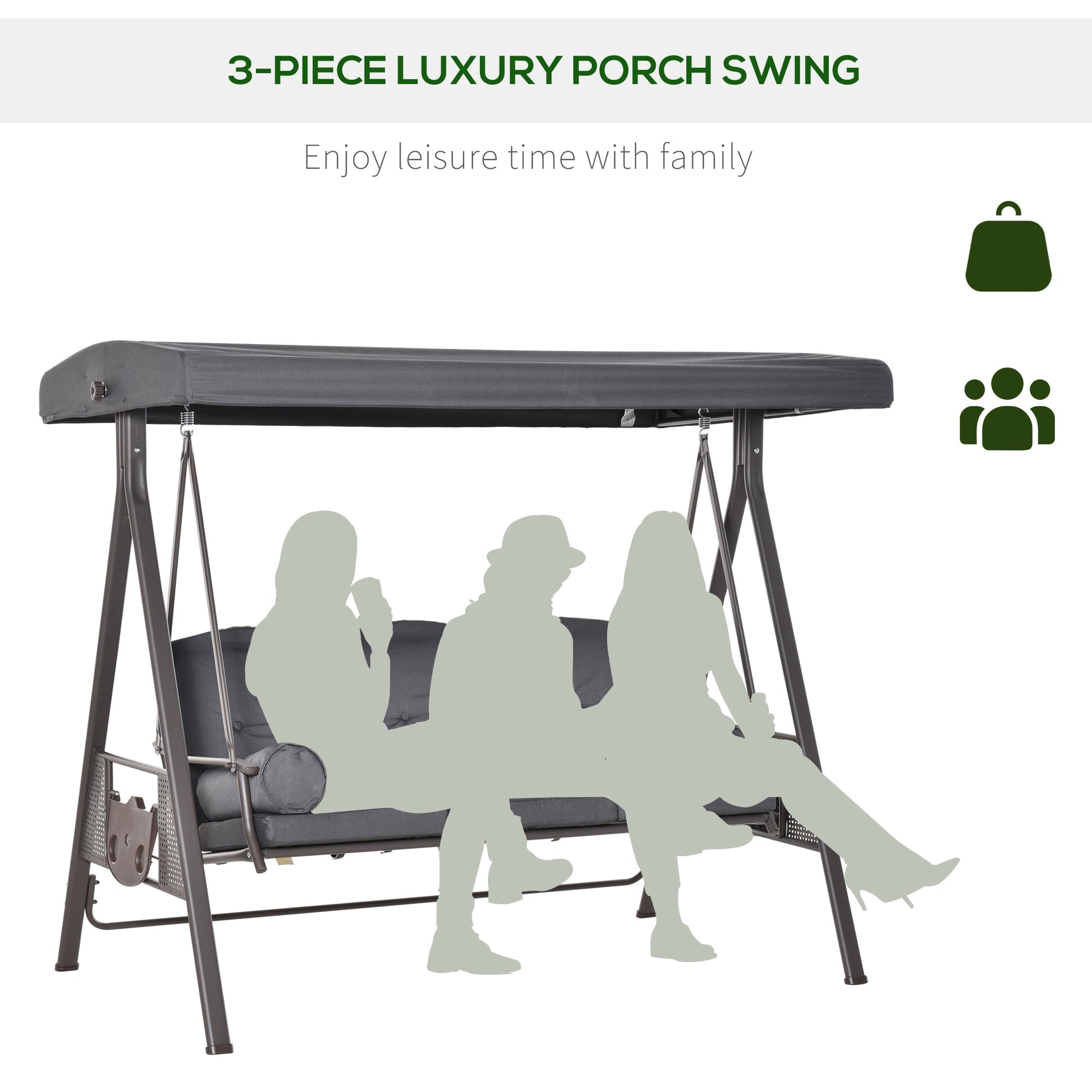 3 Seater Porch Swing Heavy Duty Outdoor Swing Chair Outdoor Lounge Hammock Cushioned Seat w/ Tilt Canopy, Dark Grey