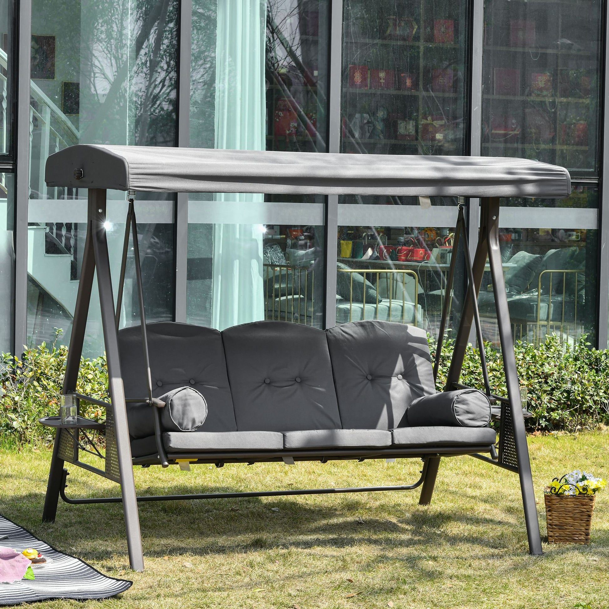 3 Seater Porch Swing Heavy Duty Outdoor Swing Chair Outdoor Lounge Hammock Cushioned Seat w/ Tilt Canopy, Dark Grey