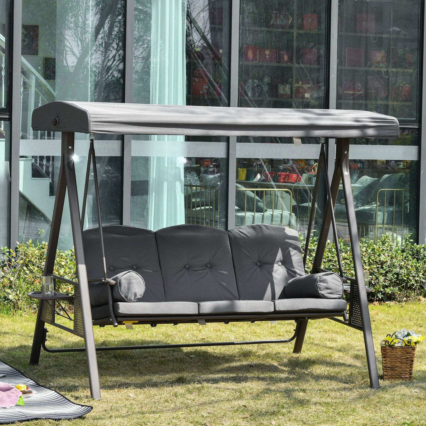 3 Seater Porch Swing Heavy Duty Outdoor Swing Chair Outdoor Lounge Hammock Cushioned Seat w/ Tilt Canopy, Dark Grey