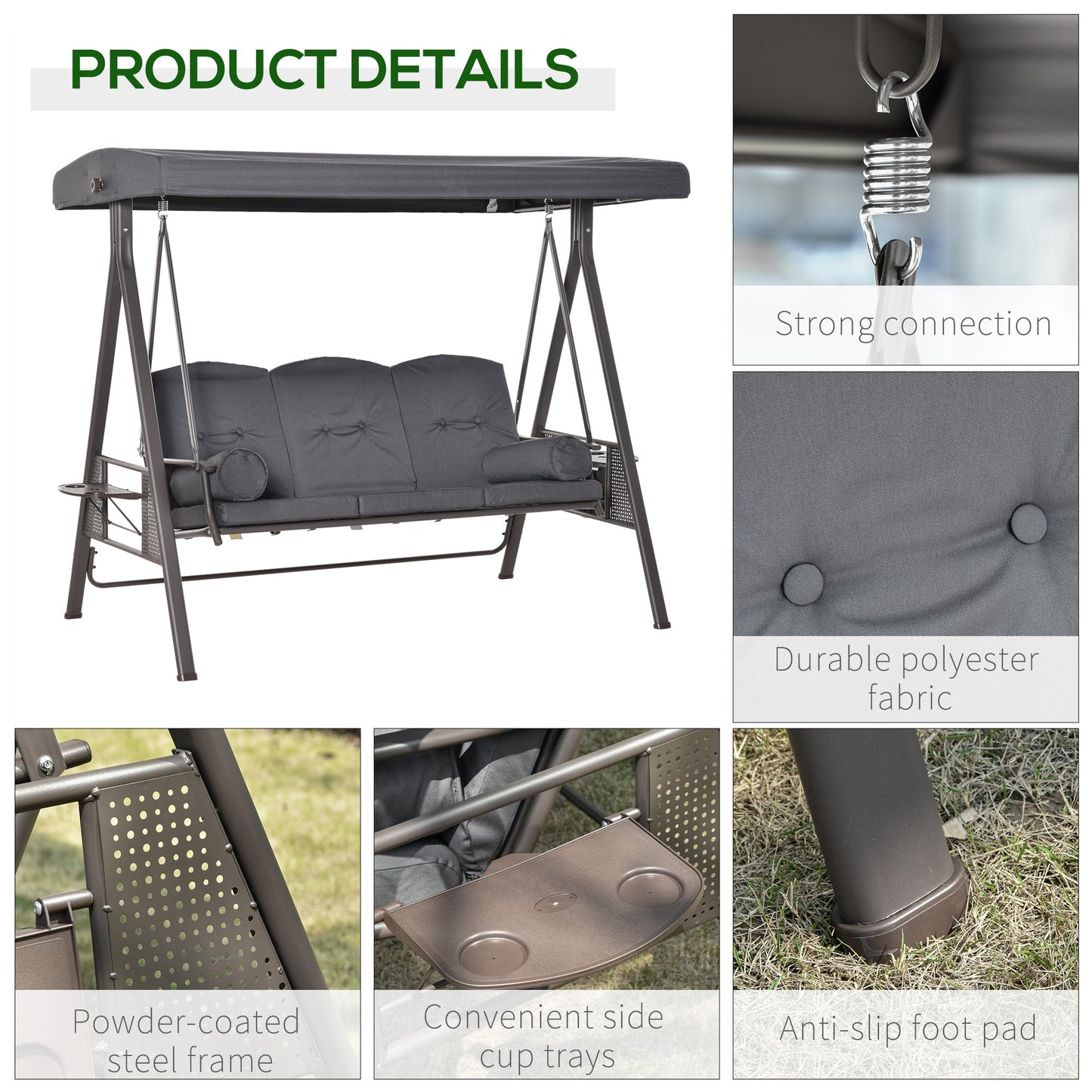 3 Seater Porch Swing Heavy Duty Outdoor Swing Chair Outdoor Lounge Hammock Cushioned Seat w/ Tilt Canopy, Dark Grey