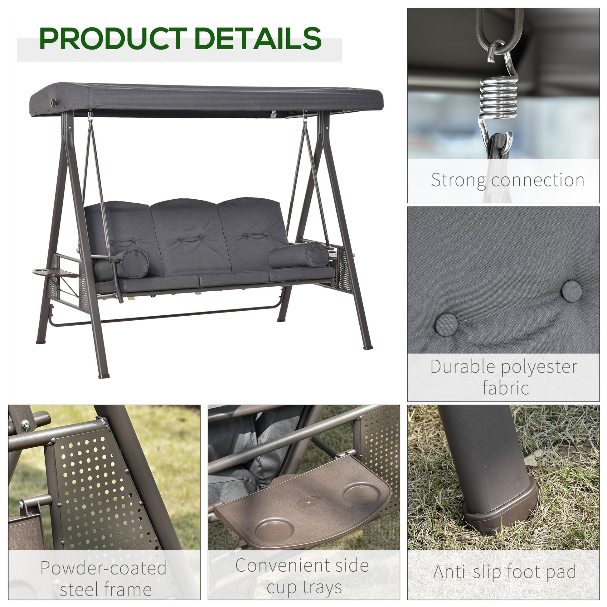 3 Seater Porch Swing Heavy Duty Outdoor Swing Chair Outdoor Lounge Hammock Cushioned Seat w/ Tilt Canopy, Dark Grey