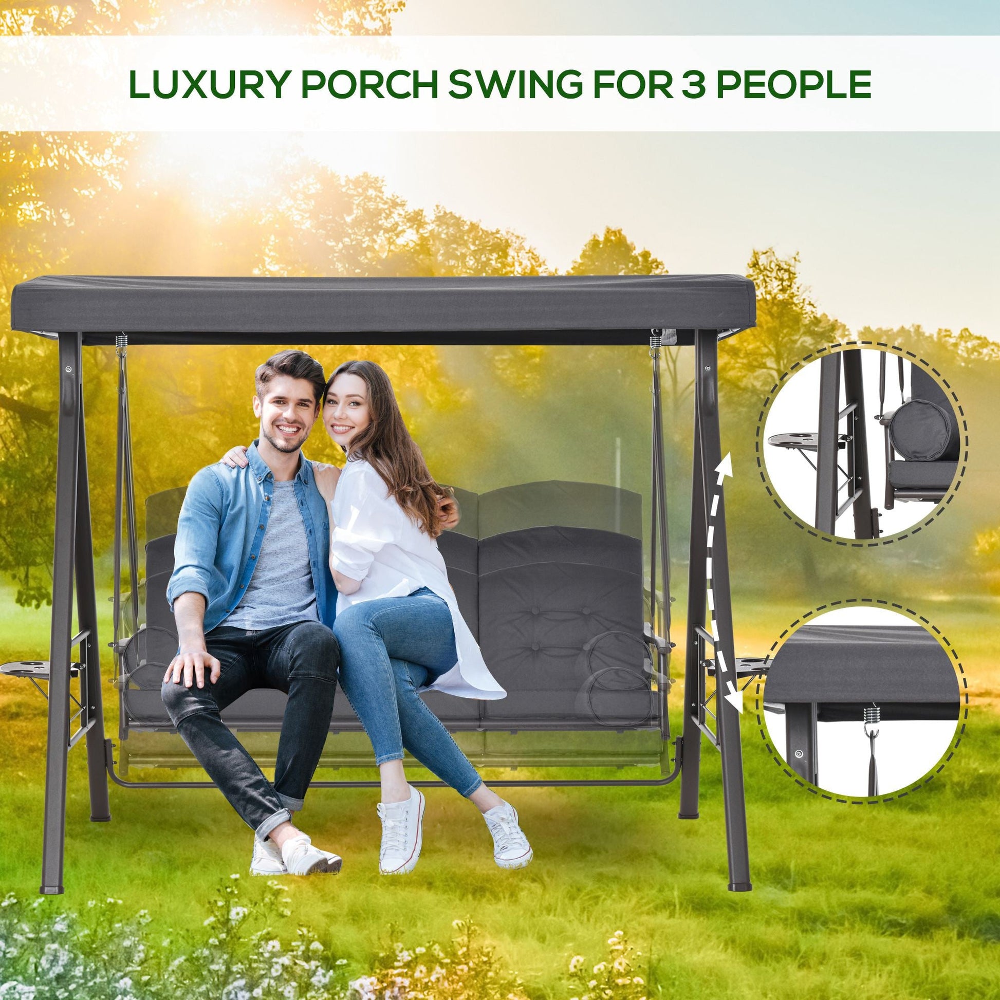 3 Seater Porch Swing Heavy Duty Outdoor Swing Chair Outdoor Lounge Hammock Cushioned Seat w/ Tilt Canopy, Dark Grey
