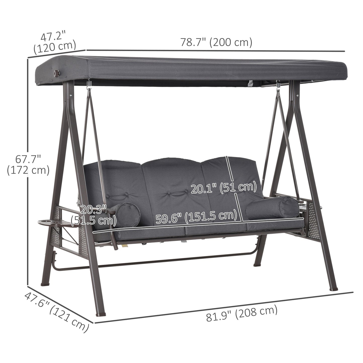 3 Seater Porch Swing Heavy Duty Outdoor Swing Chair Outdoor Lounge Hammock Cushioned Seat w/ Tilt Canopy, Dark Grey