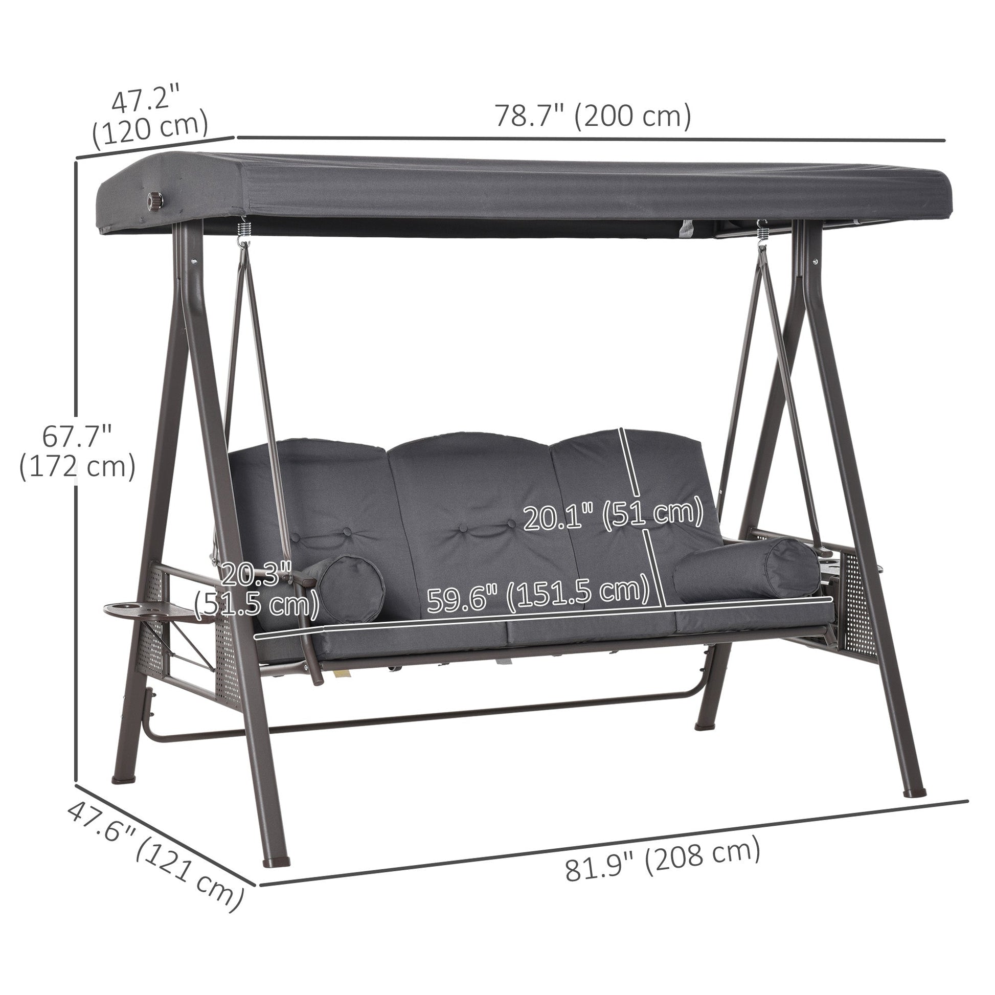 3 Seater Porch Swing Heavy Duty Outdoor Swing Chair Outdoor Lounge Hammock Cushioned Seat w/ Tilt Canopy, Dark Grey