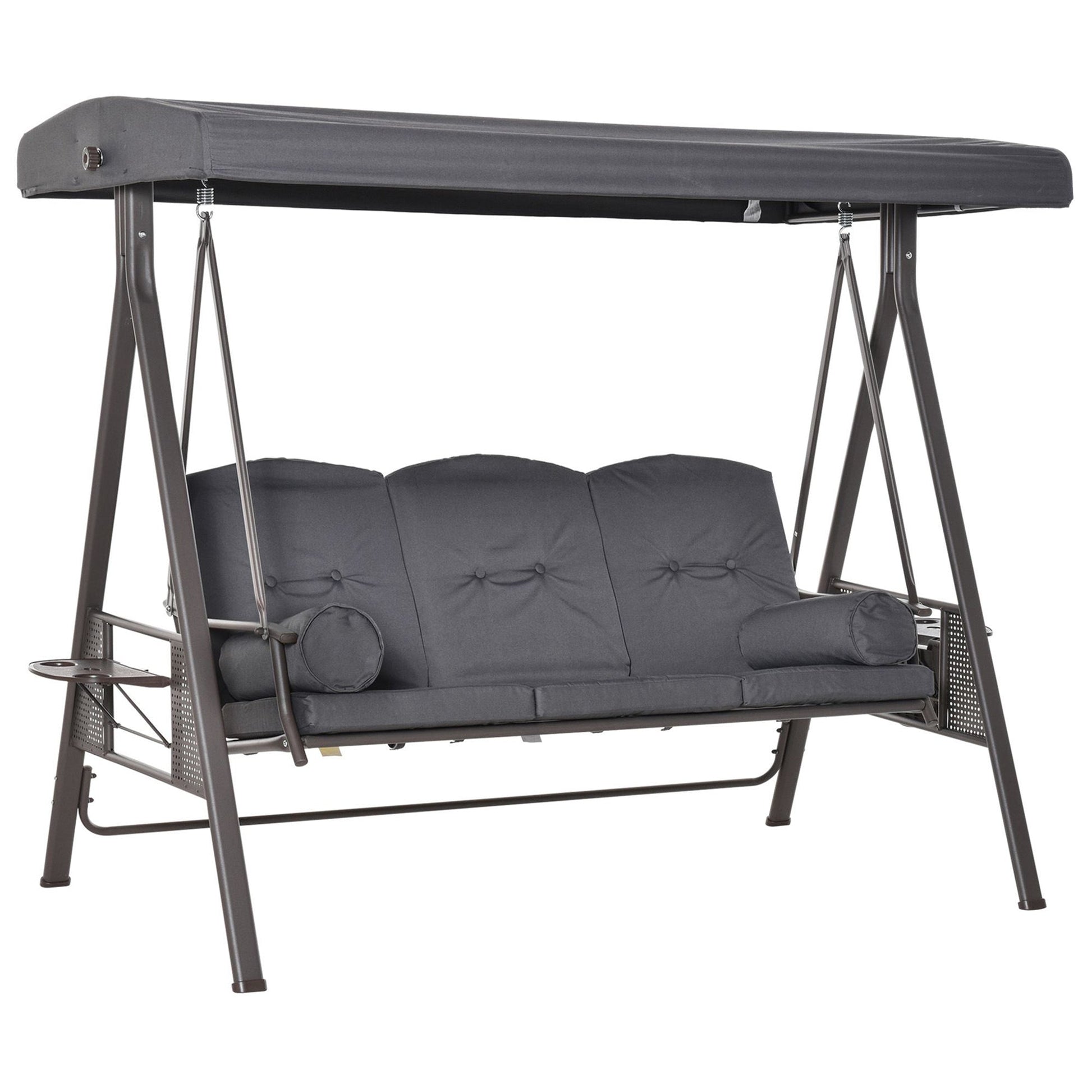 3 Seater Porch Swing Heavy Duty Outdoor Swing Chair Outdoor Lounge Hammock Cushioned Seat w/ Tilt Canopy, Dark Grey